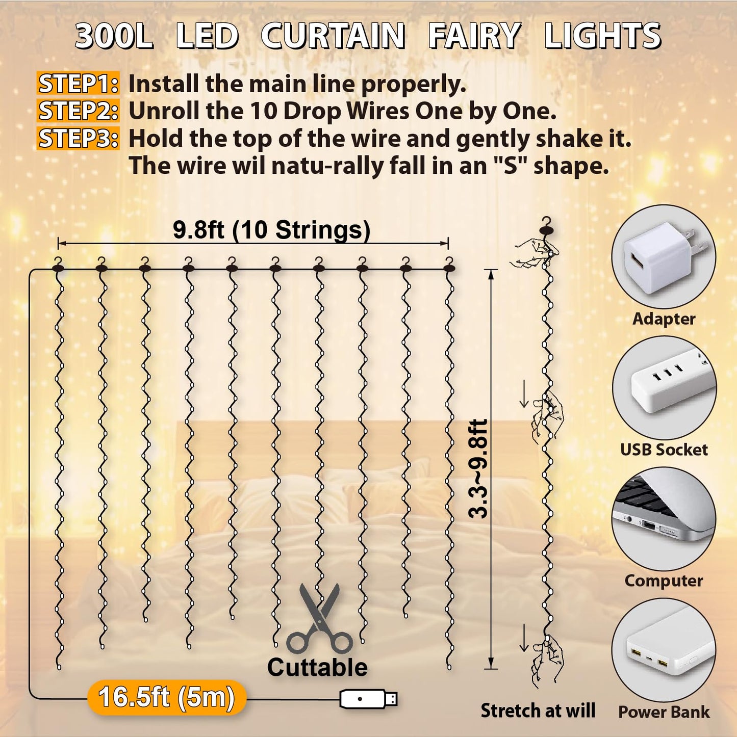 HXWEIYE 300LED Fairy Curtain Lights, 9.8x9.8Ft USB Plug-in 8 Modes Christmas String Hanging Lights with Remote for Bedroom Backdrop Wedding Indoor Wall Decor, Warm White, Standard – 1 Pack