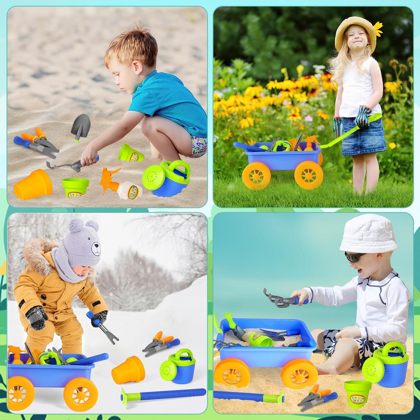 deAO Kids Garden Wagon Wheelbarrow and Gardening Tools Play Set Includes 10 Accessories and 4 Plant Pots,Great Outdoor Toddler Toys Kids Gardening Set