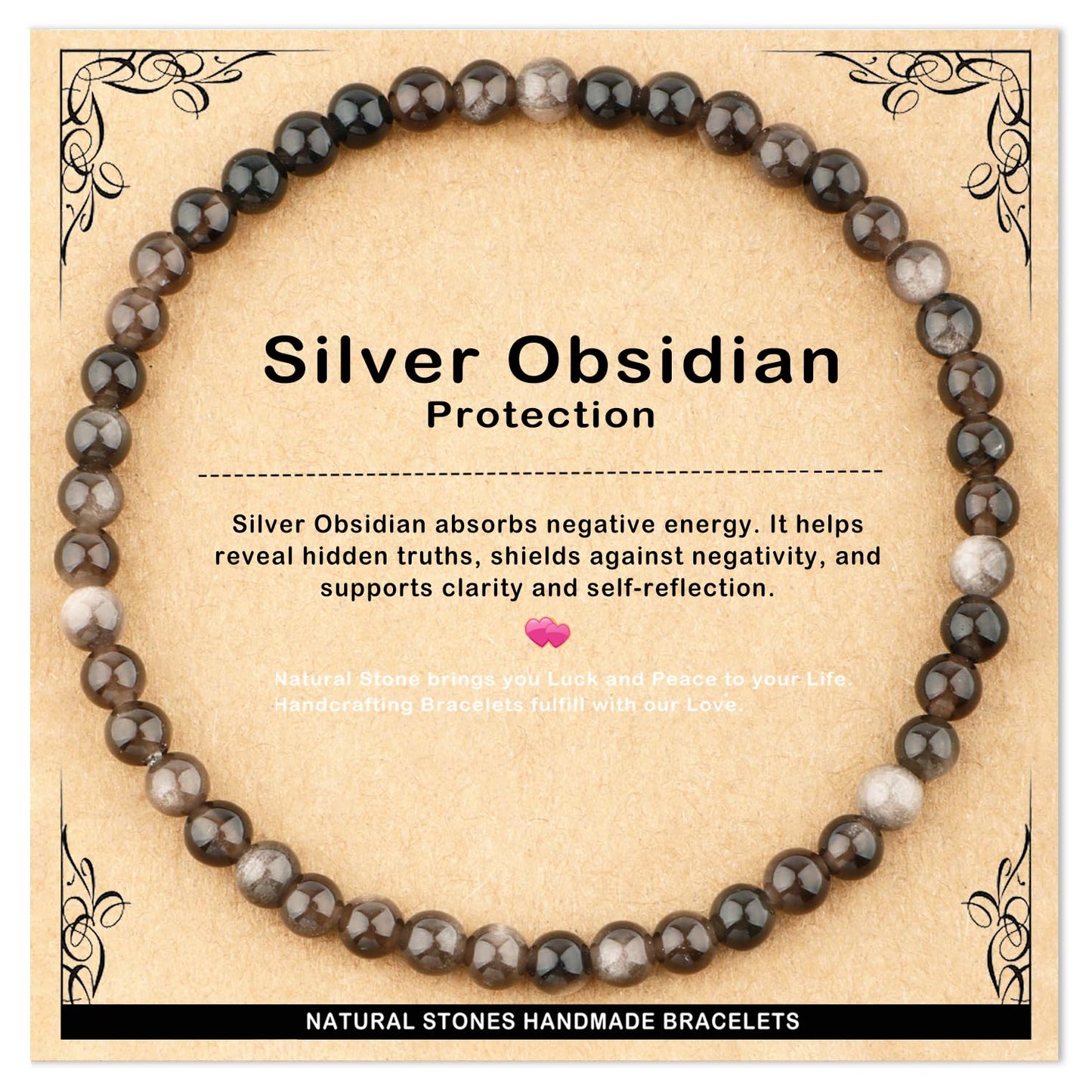 AD Beads 4mm Handmade Silver Obsidian Elastic Bracelet – Natural Gemstone for Protection – Meditation, Yoga, Healing and Energy Gift for Men Women