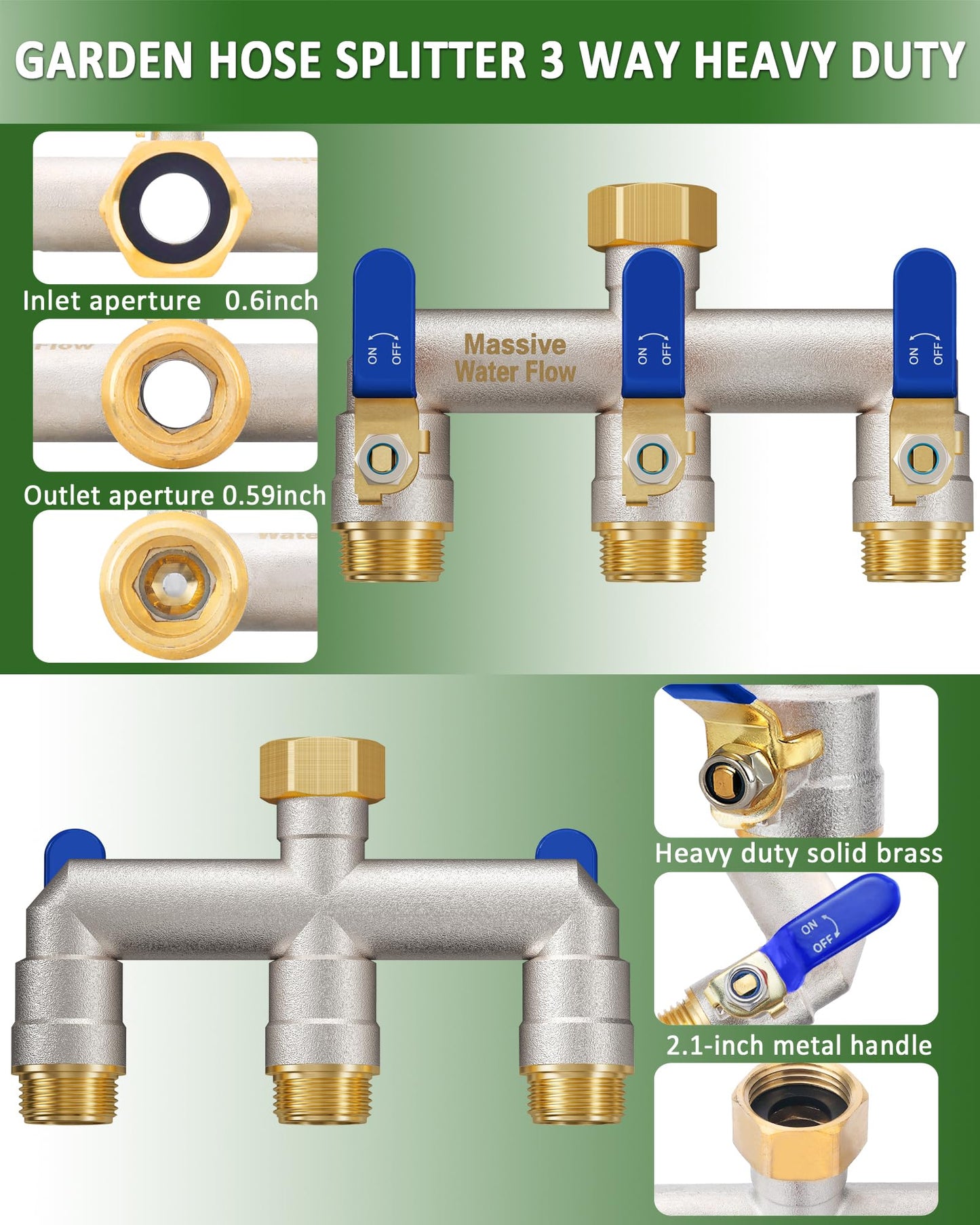 3 Way Hose Splitter Heavy Duty, Garden Hose Splitter with 3 Long Handle, Full Flow Brass Nickel Plated Water Hose T Spigot Splitter Adapter Connector, 3/4 - Inch GHT Thread (Blue)