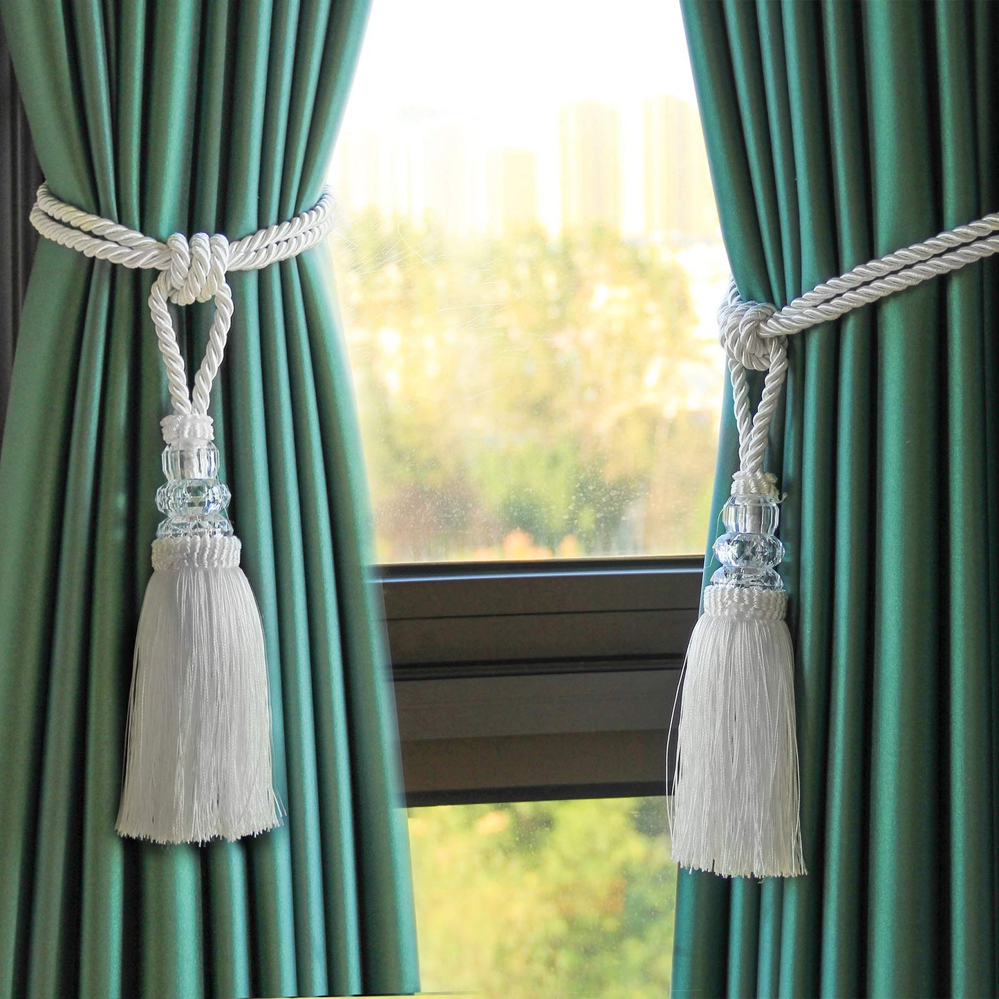 Fenghuangwu Tassel Curtain Tiebacks Handmade Curtain Tie Backs, Elegant Crystal Curtain Holdbacks for Home Office Decor (White, 2P)