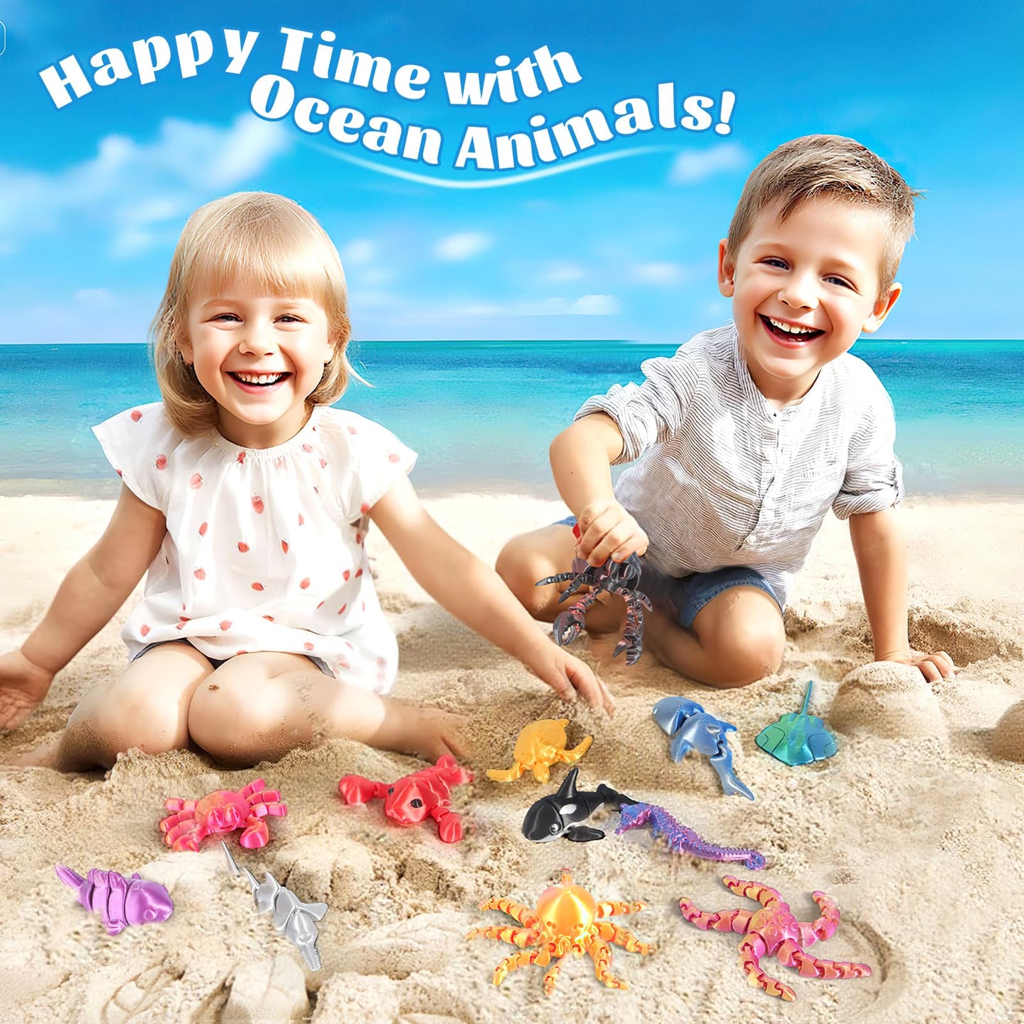12 Pack 3D Printed Animal Toys, Desk Pets Sea Animal Toys with Educational Booklet for Kids Age 3 4 5 6 7 8, Ocean Animals Figurines Fidget Toy Birthday Gifts Office Desktop Home Decoration