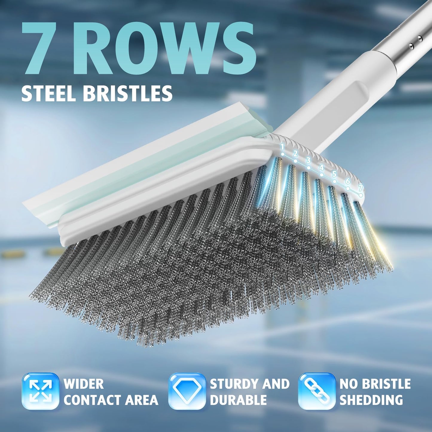 Floor Scrubber, Stainless Steel Wire Scrub Brush with Long Handle, Sturdy, Durable, and Corrosion-Resistant, Outdoor Surface Cleaning for Concrete Patios, Deck, Garden, Garage