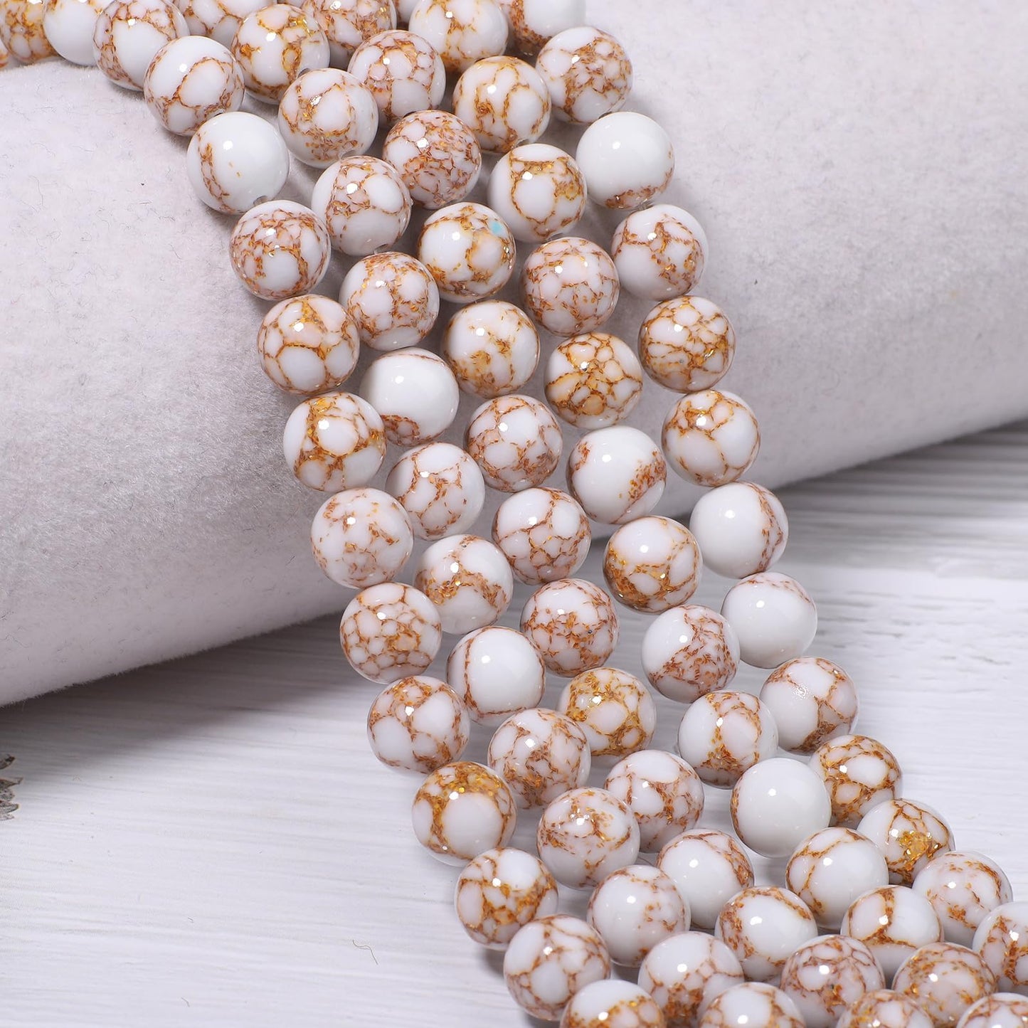 NITOPUPU 100Pcs 8mm Natural Smooth White Howlite Spun Gold Beads Round Loose Gemstone Stone Beads for Jewerly Making with Crystal Stretch Cord