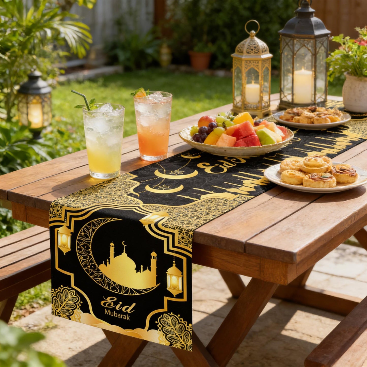 Ramadan Mosque Linen Table Runner: Black and Gold Mosque Moon Tablerunner Muslim Eid Al-fitr Eid Mubarak Perfect for Ramadan Party Home Kitchen Dining Mantel 13×72Inches(1 Pcs)