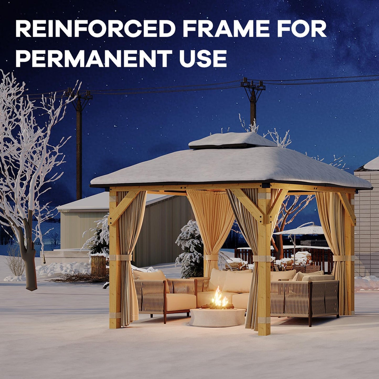 Garvee 10x10 Ft Wood Gazebo, Upgrade Spruce Frame and Double Galvanized Steel Roof, Hardtop Gazebo with Nettings and Curtains for Backyard, Patio, Garden and Lawn, Khaki