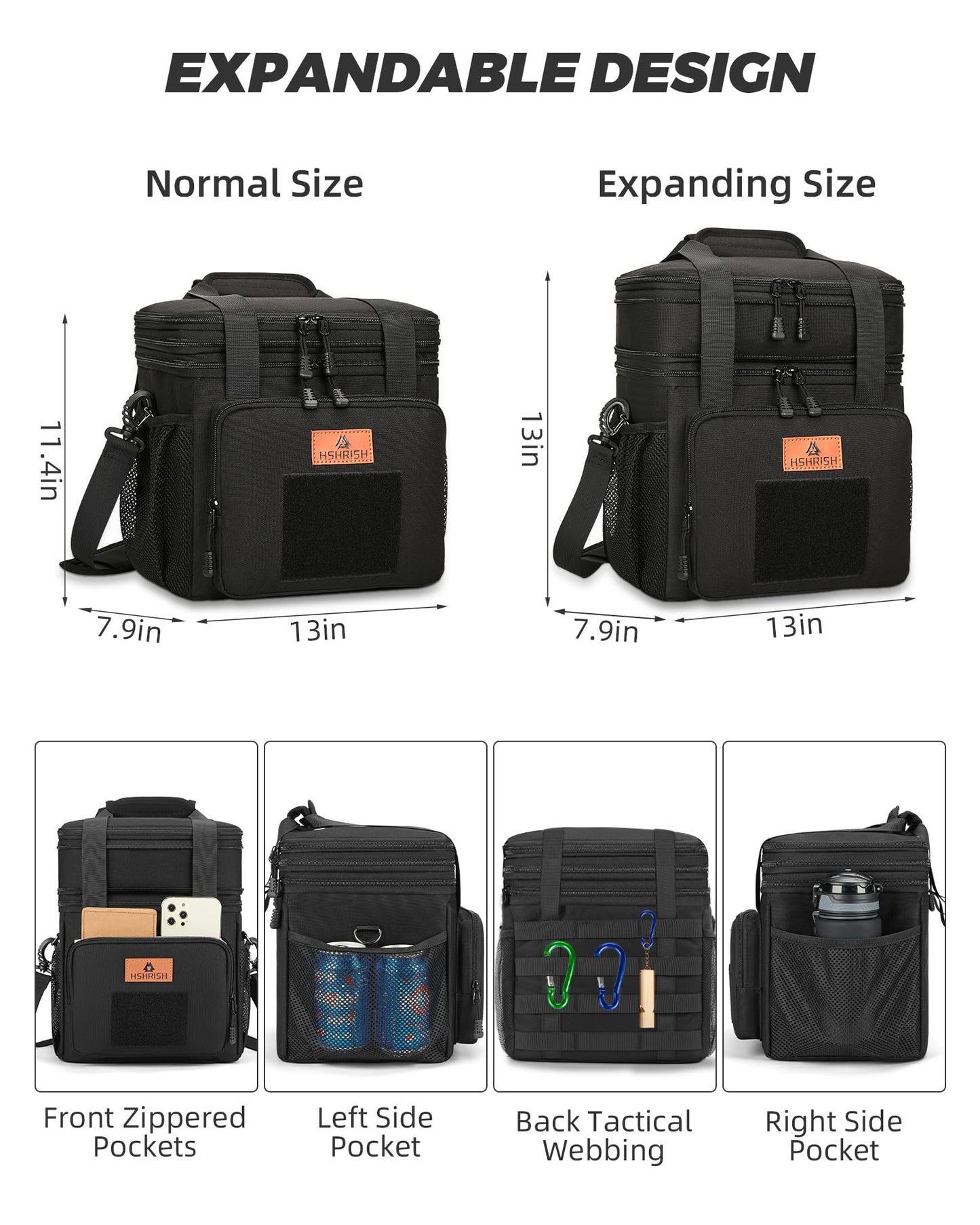Expandable XLarge Tactical Lunch Box for Adults, Leakproof Insulated Lunch Bag with Lots of Storage Space, Durable Cooler Bag for Men Women Work Outdoor Picnic Trips, 22L(Black), HSHRISH