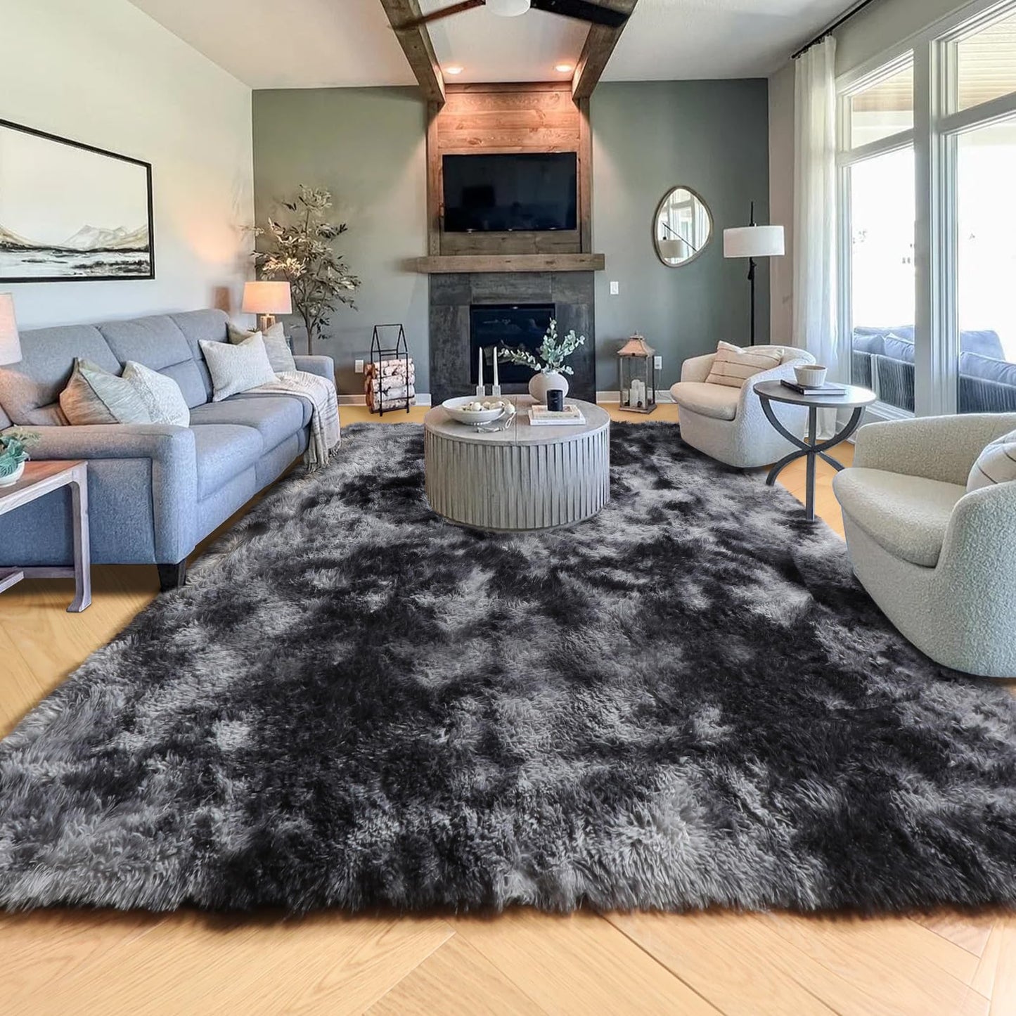 PAGISOFE Abstract Shaggy Area Rug 4' x 6' Plush Furry Rugs for Living Room, Tie-Dyed Dark Grey Soft Fluffy Rugs for Bedroom Grils Boys, Fuzzy Rug for Nursery, Dorm. Shag Carpet for Kids Room Decor