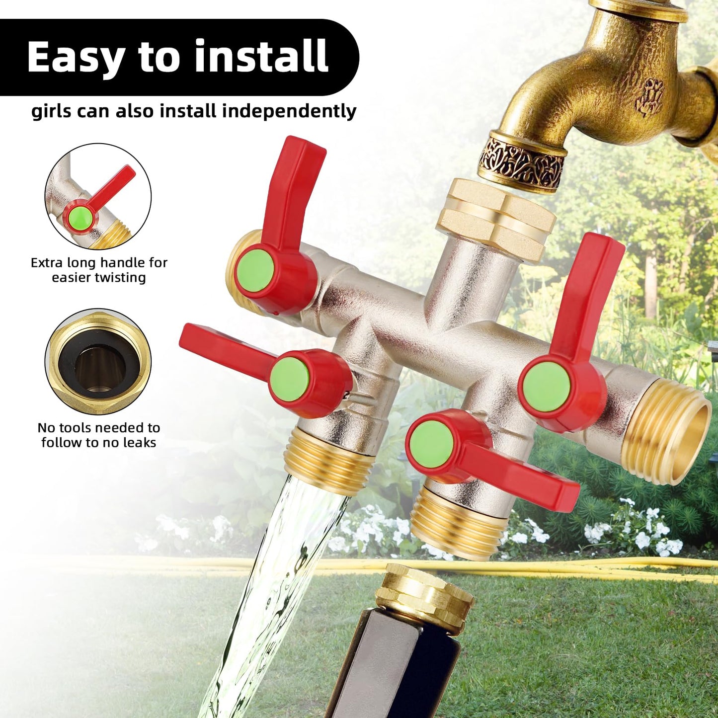 EJW Garden Hose Splitters, 4 Way Hose Splitter, Water Hose Splitters, Hose Bib Splitter, 4 Way Heavy Duty High Flow Splitter, Brass Hose Splitter, Spigot Splitter,Valve 3/4 Inch GHT Thread.