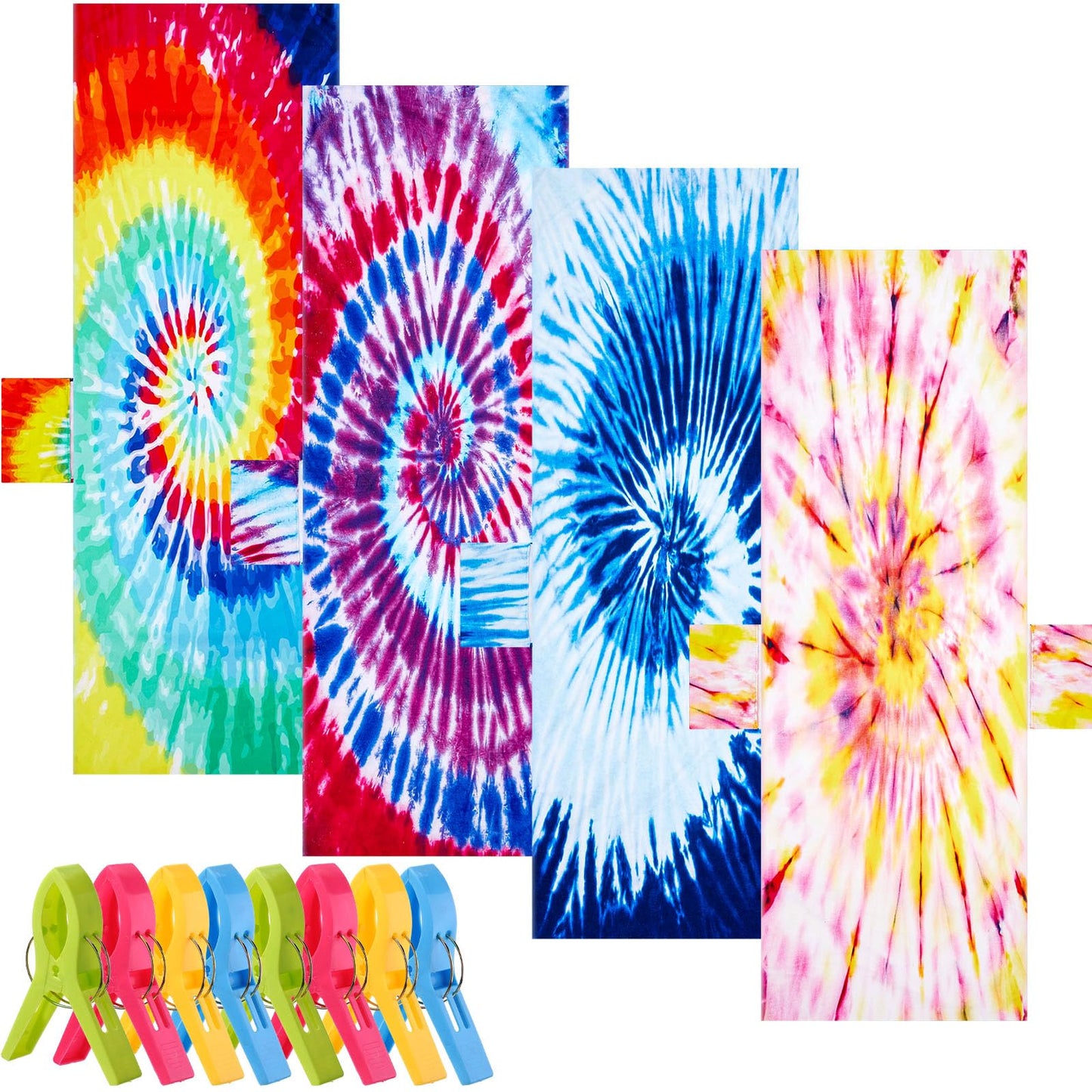 Tudomro 4 Pack Lounge Chair Towel Cover with Pockets and 8 Clips, Chaise Lounge Pool Chair Cover Beach Towel for Outdoor, Garden, Hotel Pool, Sun Lounger, 82.7 x 28.7 Inch(Tie Dye Style)