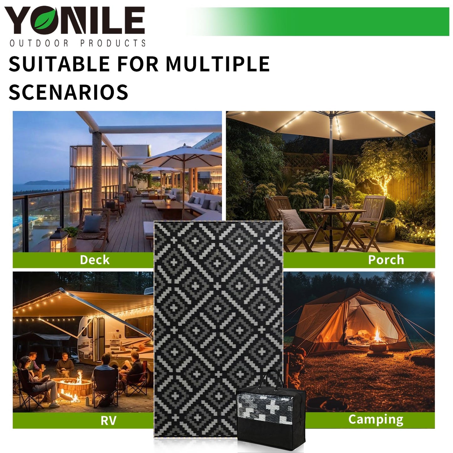 YONILE 8x10 ft Outdoor Rug Waterproof for Patio with LED Light,Large Outdoor Plastic Straw Rug,Reversible Plastic Area Rugs Mat Outside Carpet for RV, Deck, Porch, Picnic, Beach, Balcony