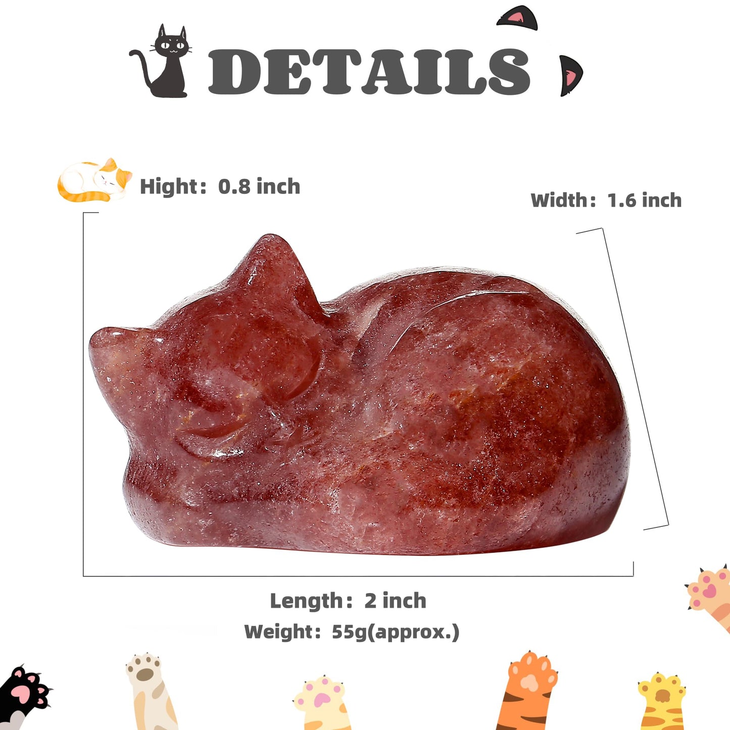 YATOJUZI 2" Cat Decors Statue Strawberry Quartz Crystals Sleeping Cats Gemstone Hand-Carved Cute Animal Statues Figurine Stone Home Office Desk Decor Lucky Reiki Kitten Ornaments Gifts for Women Men