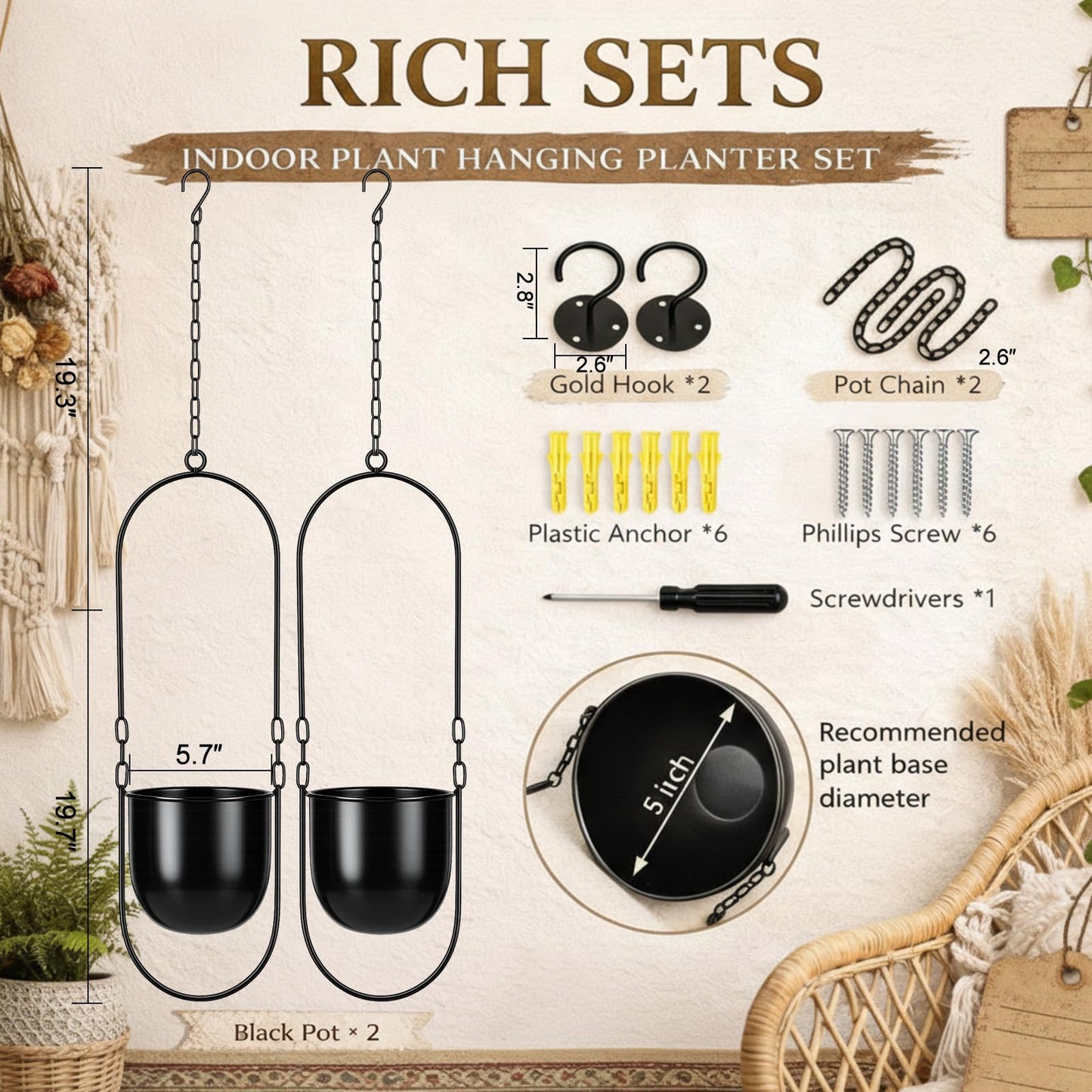 Fumete 2 Set Black Hanging Planters with Chains Metal Plant Hanger Wall Mounted Iron Flower Pot Holder for Indoor Outdoor Plants, Planting Ivy and Fern for Window Porch Balcony and Home Decor