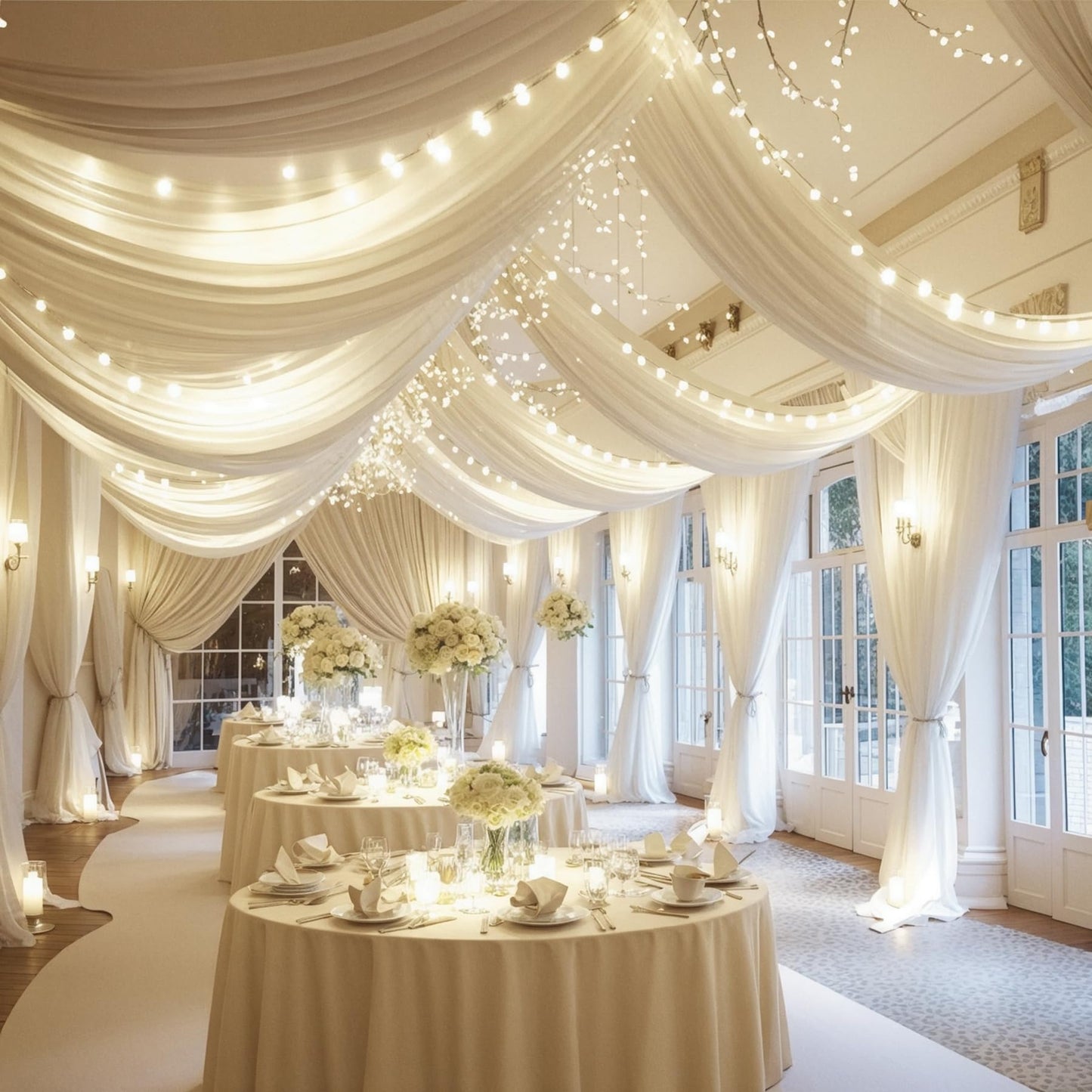 Ivory Ceiling Drapes with Lights - String Drapes for Wedding & Party Decorations - 5ftx10ft Sheer Tulle Curtains