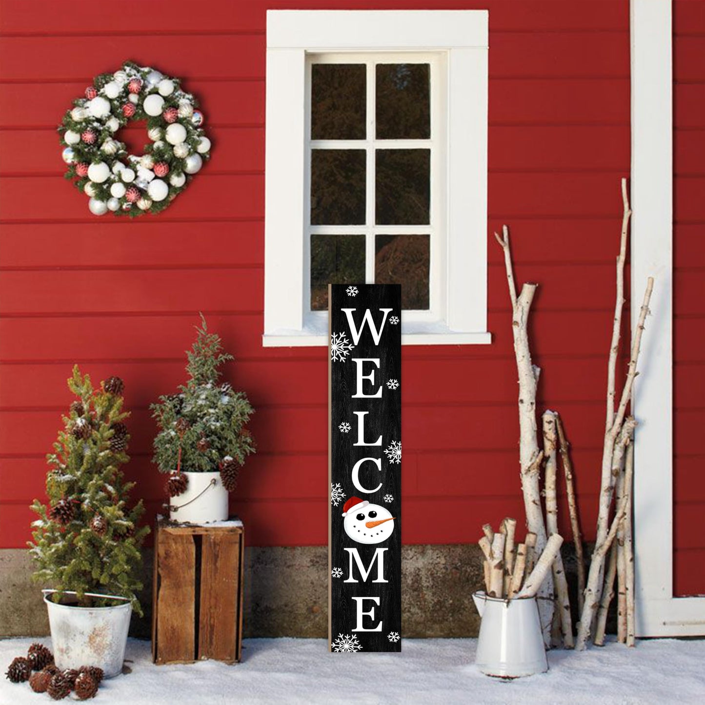 Winter Welcome Sign Vertical Porch Sign with Snowman and Snowflakes Black Wood Outdoor Christmas Holiday Decor for Home Outdoor Yard Party