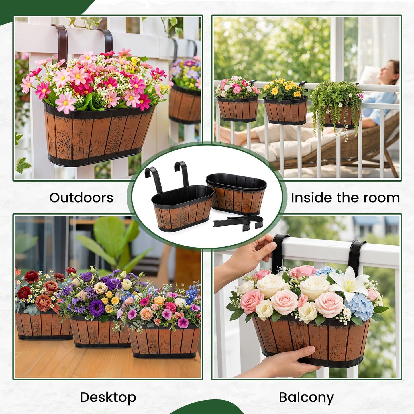Ferrochef 5 Pcs Wine Barrel Metal Hanging Flower Pots 10.5" Fence Hanging Planters Outdoor Pot Wine Barrel Wall Planter with Detachable Hooks for Fence Garden Yard Home Decor
