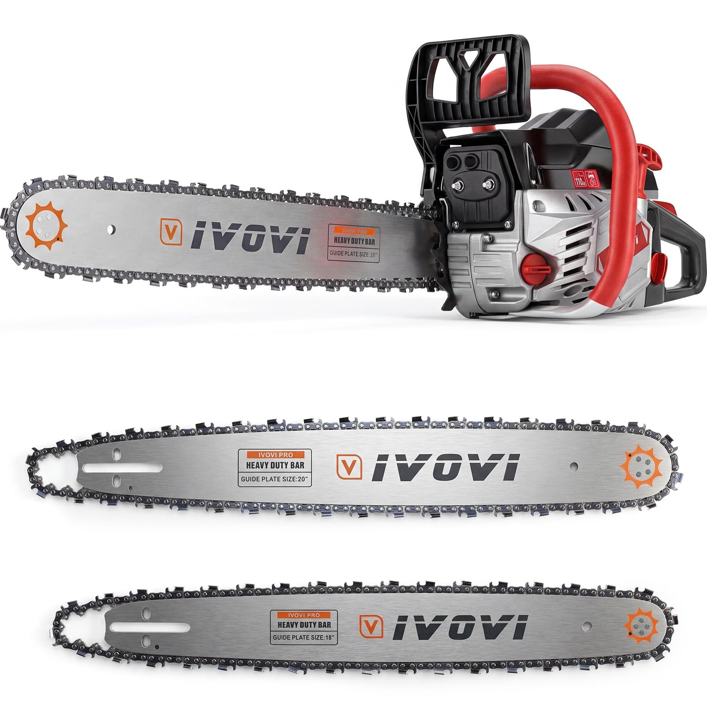 IVOVI 63CC Gas Powered Chainsaw with 20 and 18 Inch Bars, 3.7HP 2-Cycle Engine for Tree Felling, Logging and Firewood Preparation, Includes Portable Carrying Pouch and Tool Kit (Silver Black)