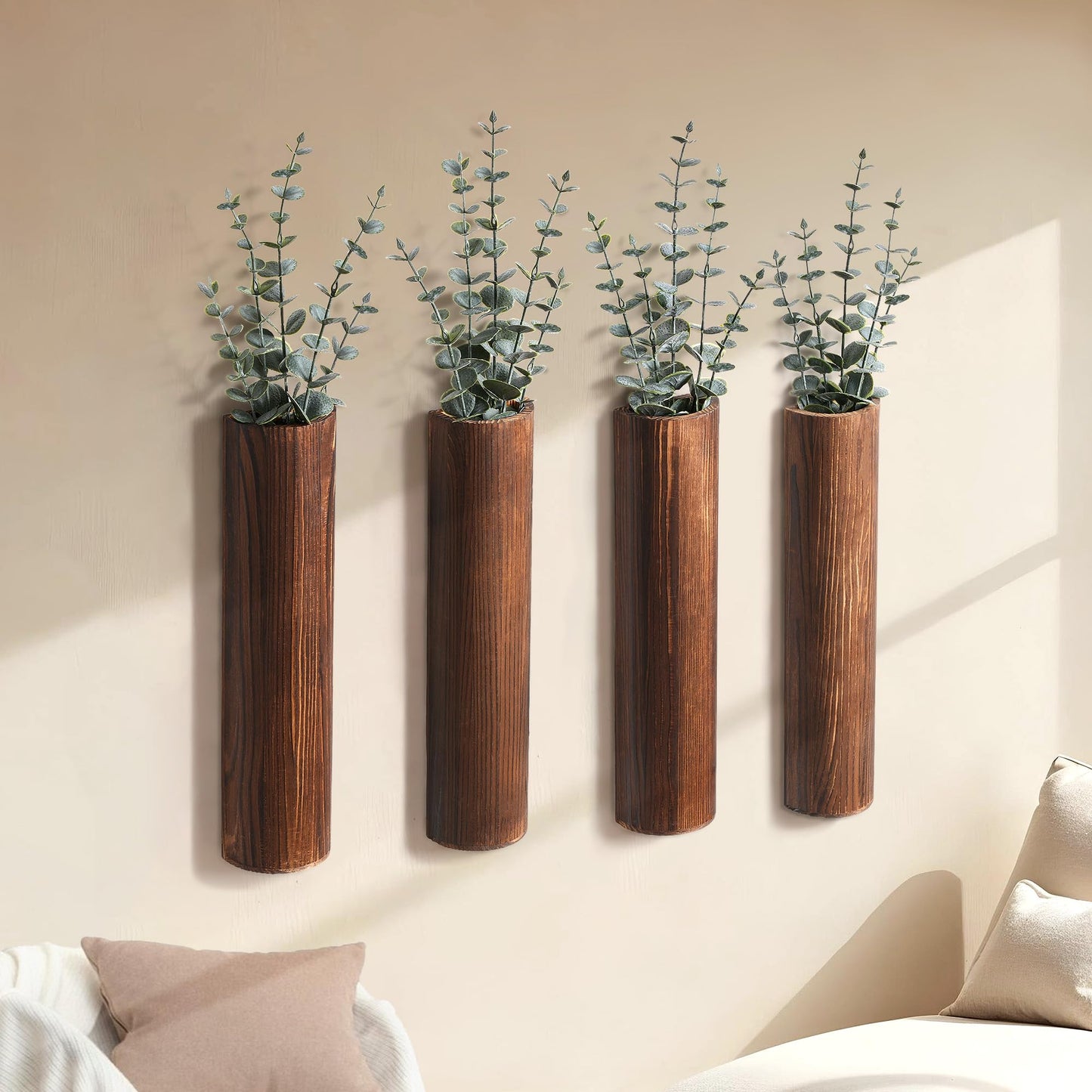 Fttoyoly Wood Wall Planter with 20 pcs Artificial Eucalyptus, Modern Decor for Living Room Bedroom Bathroom Entryway, Farmhouse Boho Wall Vases for Dried Flowers and Faux Plants - 4 Pack