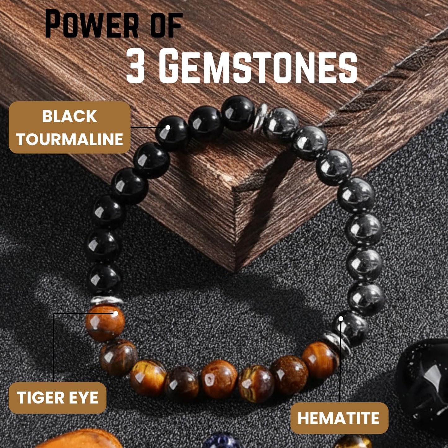 AKDNZ Triple Protection Bracelet for Women & Men - Black Tourmaline, Tiger Eye & Hematite Bracelets, Natural Healing Crystal Stone, Men's Beaded Bracelet for Father & Mother Day, Christmas & Birthday
