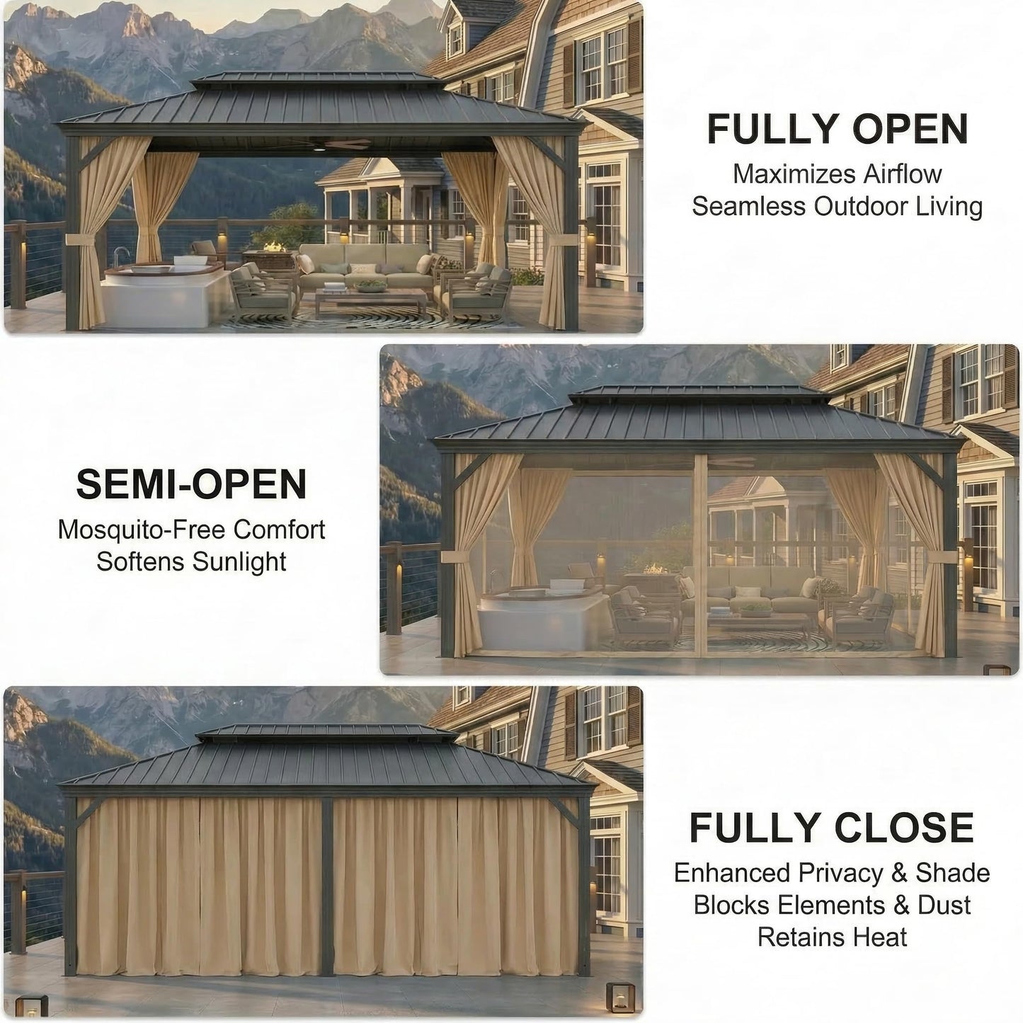 HOTEEL 10x15 Hardtop Gazebo On Clearance with Galvanized Steel Double Roof,Heavy Duty Gazebo with Flame-Retardant Curtain & Netting, Permanent Pavilion Outdoor for Patio, Frame Thickened, Brown