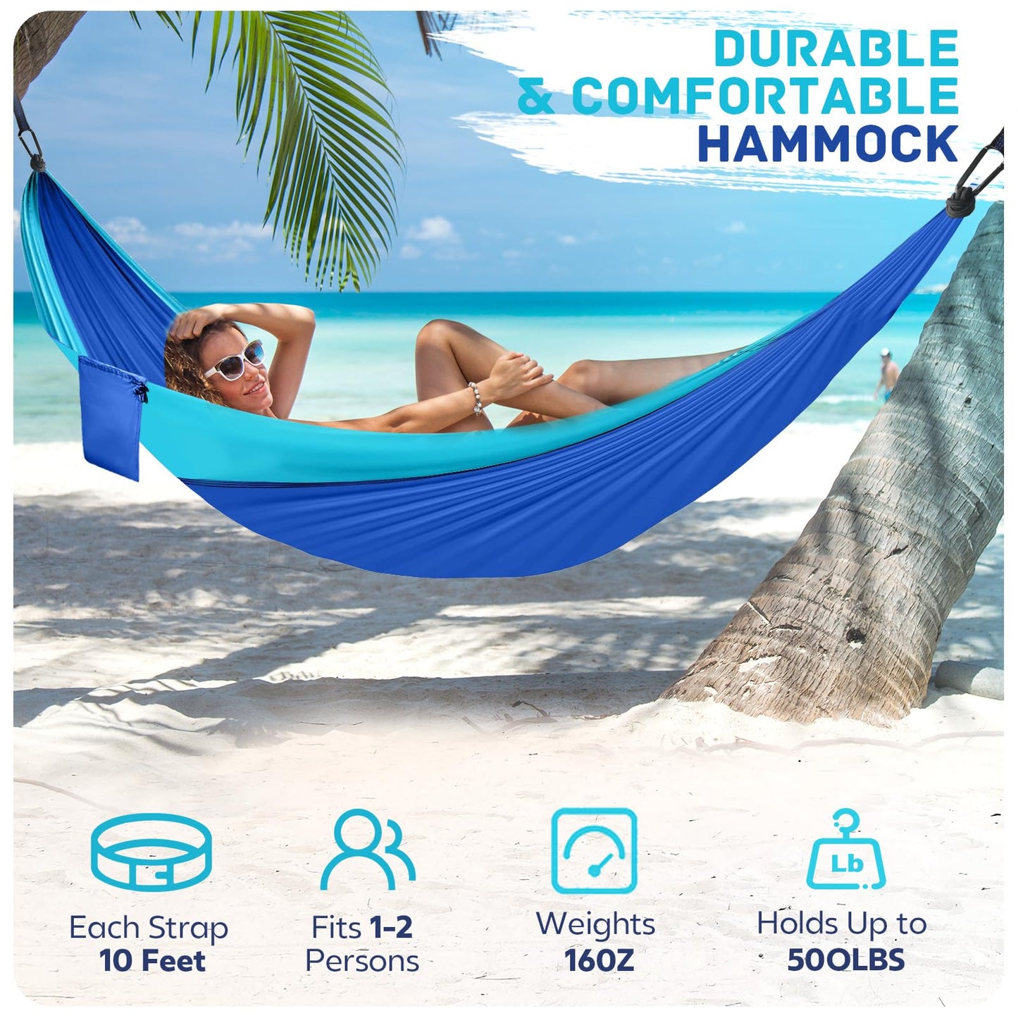 Camping Hammock Lightweight, Portable Hammocks Parachute Hammock with Two Tree Straps, Single or Double Travel Swing Nylon Camp Hammocks, Outdoor Essentials for Beach Backpacking Hiking, Blue