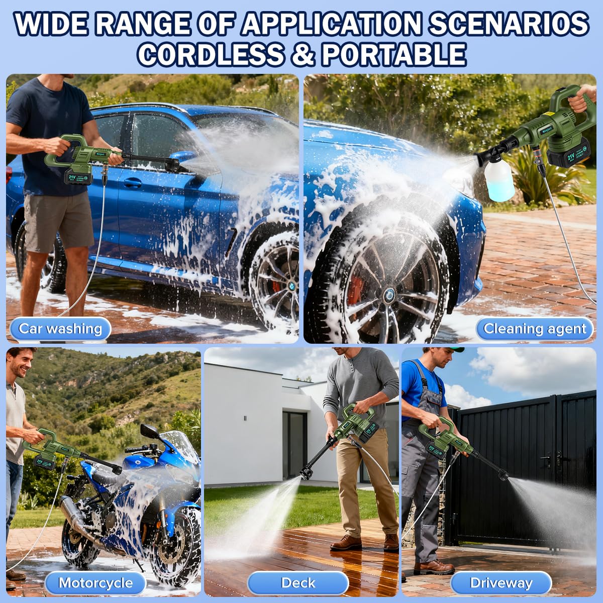 Max 1100PSI 3.0 GPM Battery with Multi-3 Level Adjustment, 6-in-1 Nozzle & Foam Cannon, 26.2 ft Hose for Car & Home