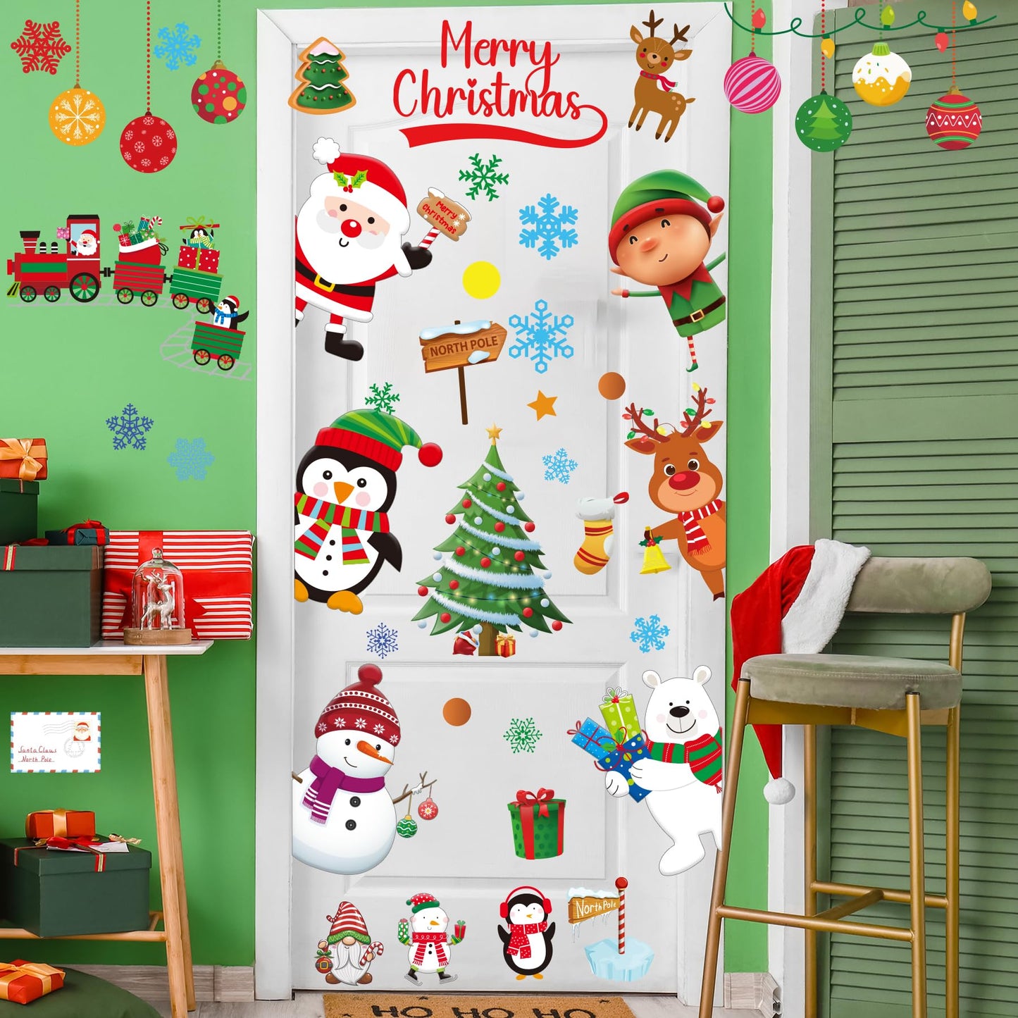 Christmas Wall Decals Stickers 142PCS Removable Merry Christmas Wall Decorations Xmas Bathroom Fireplace Decor Santa Claus Snowman Reindeer Door Decal Indoor
