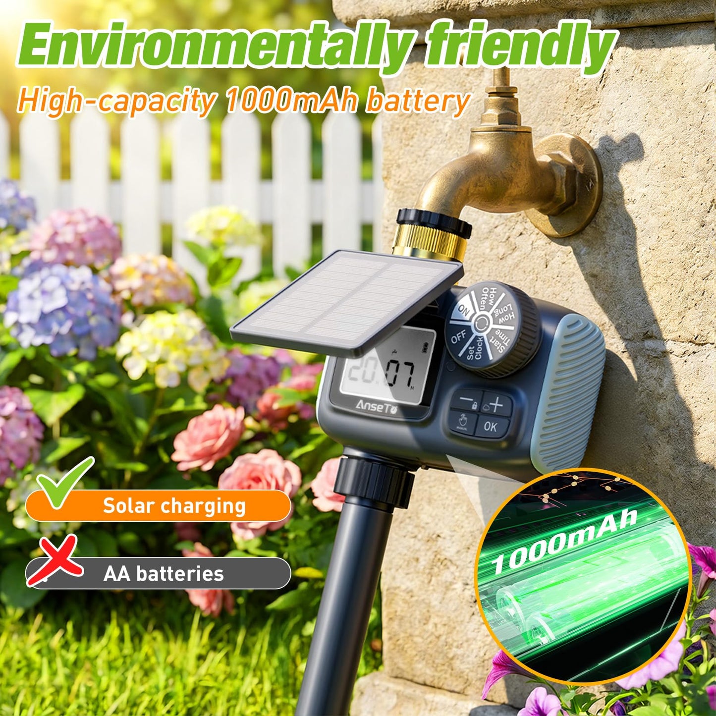 AnseTo Solar Sprinkler Timer, Solar & Type-C Rechargeable Water Timer for Garden Hose, Programmable Faucet System with Rain Delay/Manual/Auto Mode, Digital Irrigation Controller for Lawn/Yard/Pool