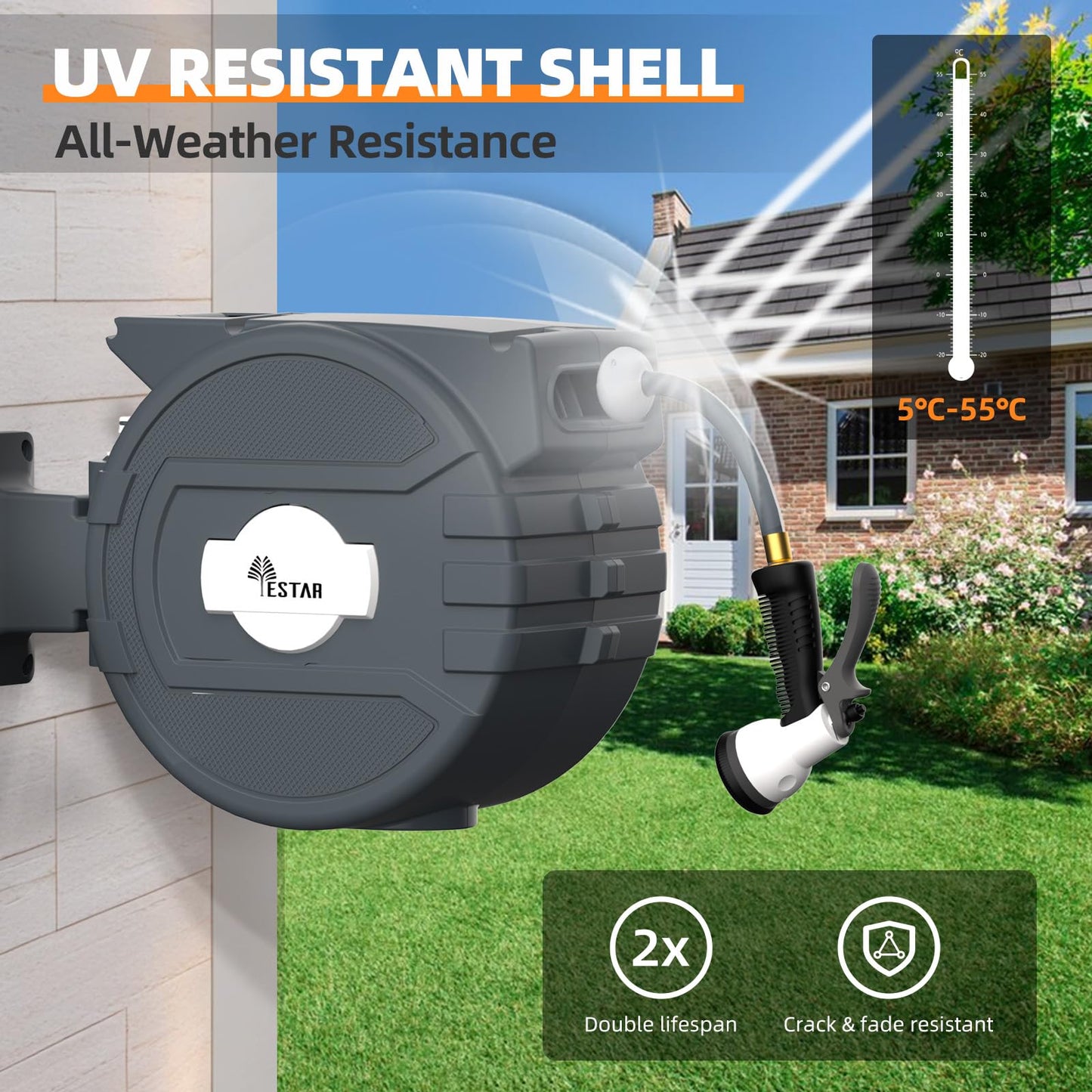 Retractable Garden Hose Reel 1/2 in x82 ft, Garden Water Hose Reel with 7- Function Sprayer Nozzle, Any Length Lock/Automatic Slow Return System,180° Swivel Bracket