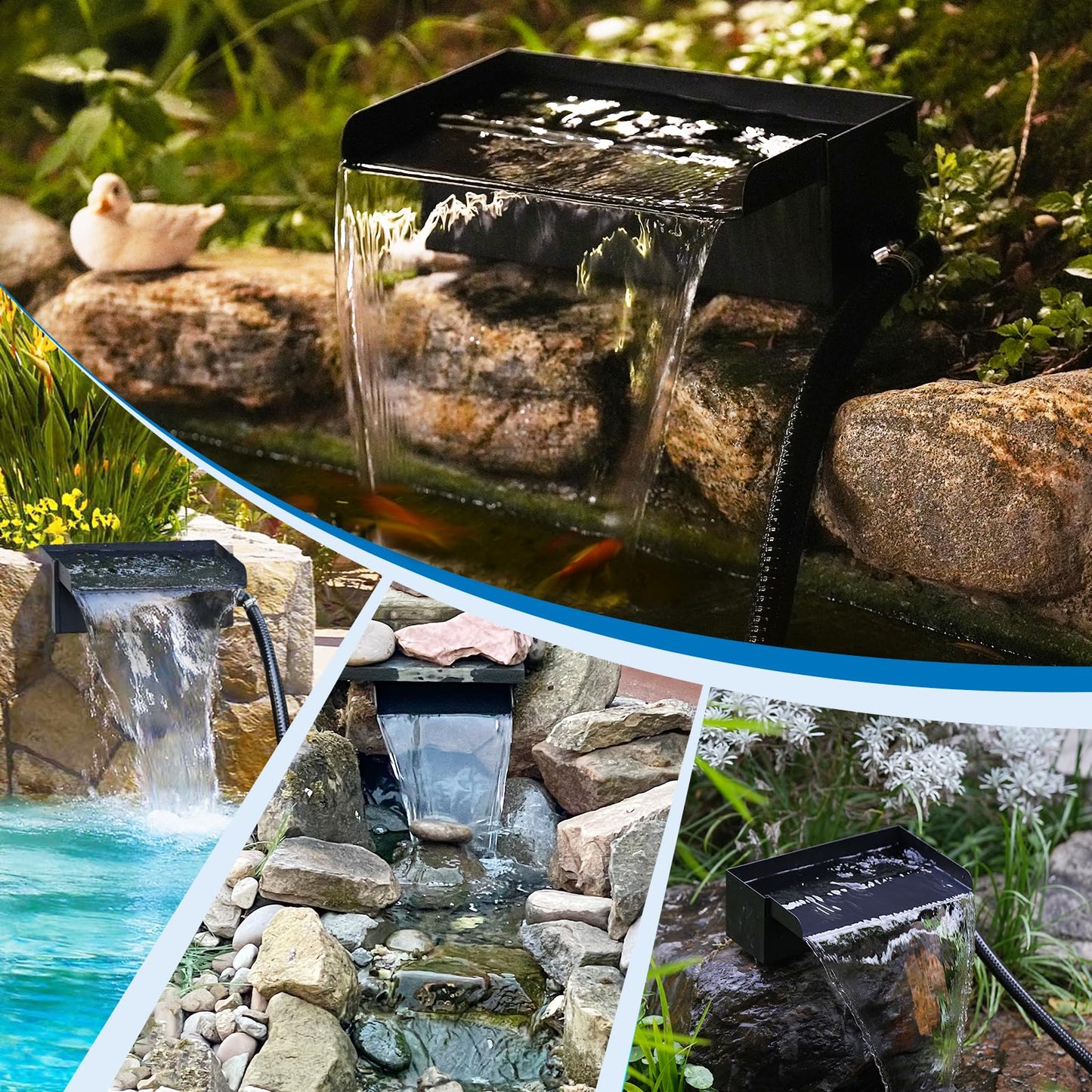 Biling 8 Inch Pond Waterfall Spillway Kit, 304 Stainless Steel Waterfall Box, 40W 660GPH Submersible Pump, 9.8FT Corrugated Tubing & Fittings, Adjustable Flow for Mini Pond & Patio Water Features