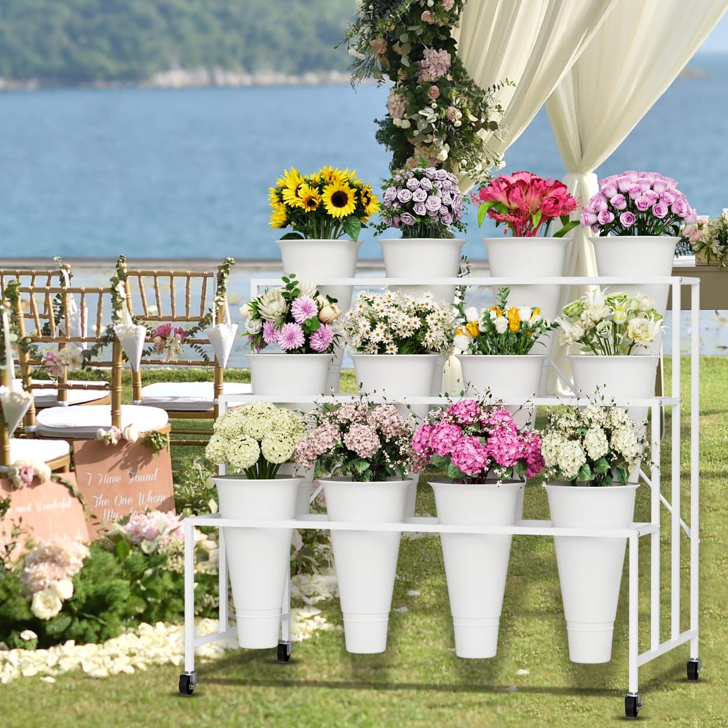 NEYCIL Flower Stand, 3-Tier Flower Display Stand with Buckets for Indoor Outdoor, Flower Cart Display Stand with Wheels for Courtyard, Balcony, Flower Shop, Wedding, Party, Exhibition (White)