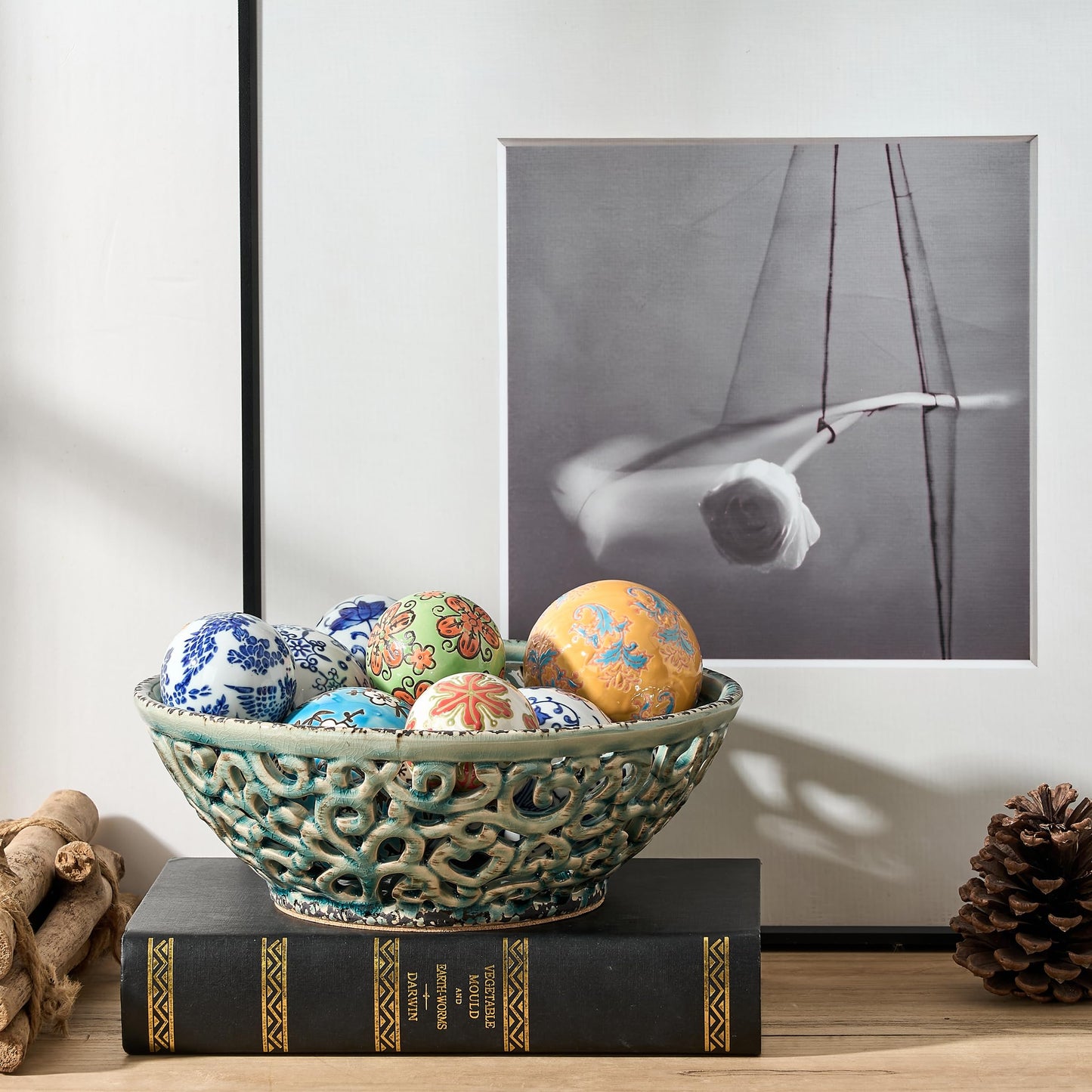 SIDUCAL Ceramic Fruit Bowl for Kitchen Counter,Decorative Fruit Basket with Holes, 10.43" Large Hollow Out Fruit Vegetable Holder Bowl for Table Decor, Blue