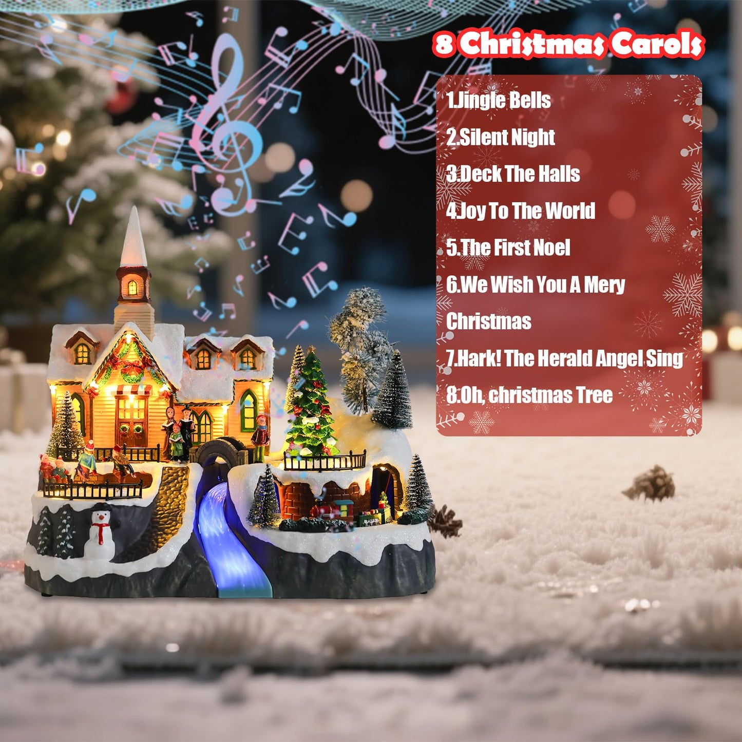 WONDER GARDEN Christmas Village Houses Church House Villages with Rotating Tree,Moving Train and Dancing Kids Musical Lighted Christmas Collectible Buildings for Indoor Decor or Gift
