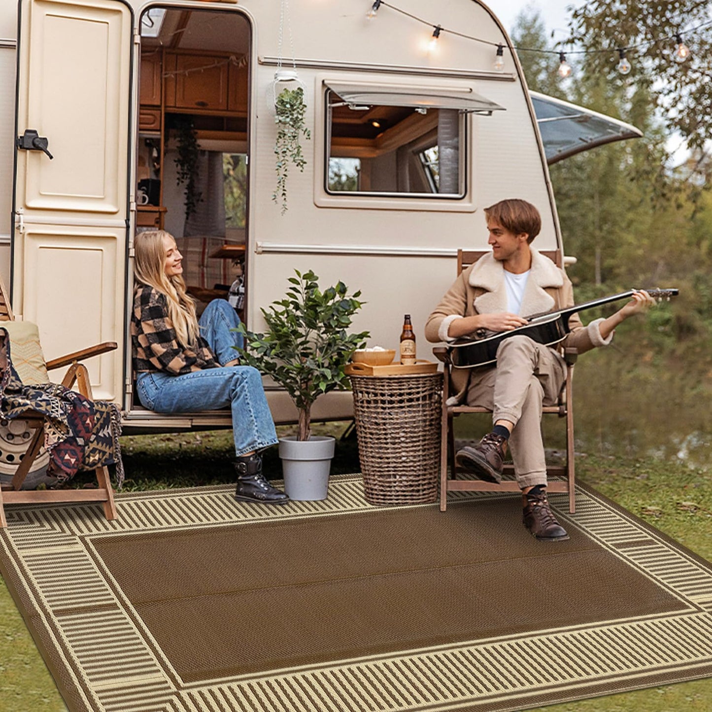 IDEALHOUSE Outdoor Rug 9'x18' Reversible Portable Lightweight Waterproof UV Resistant Plastic Straw Patio Mat for RV Camping Picnic Deck Backyard Peony Brown