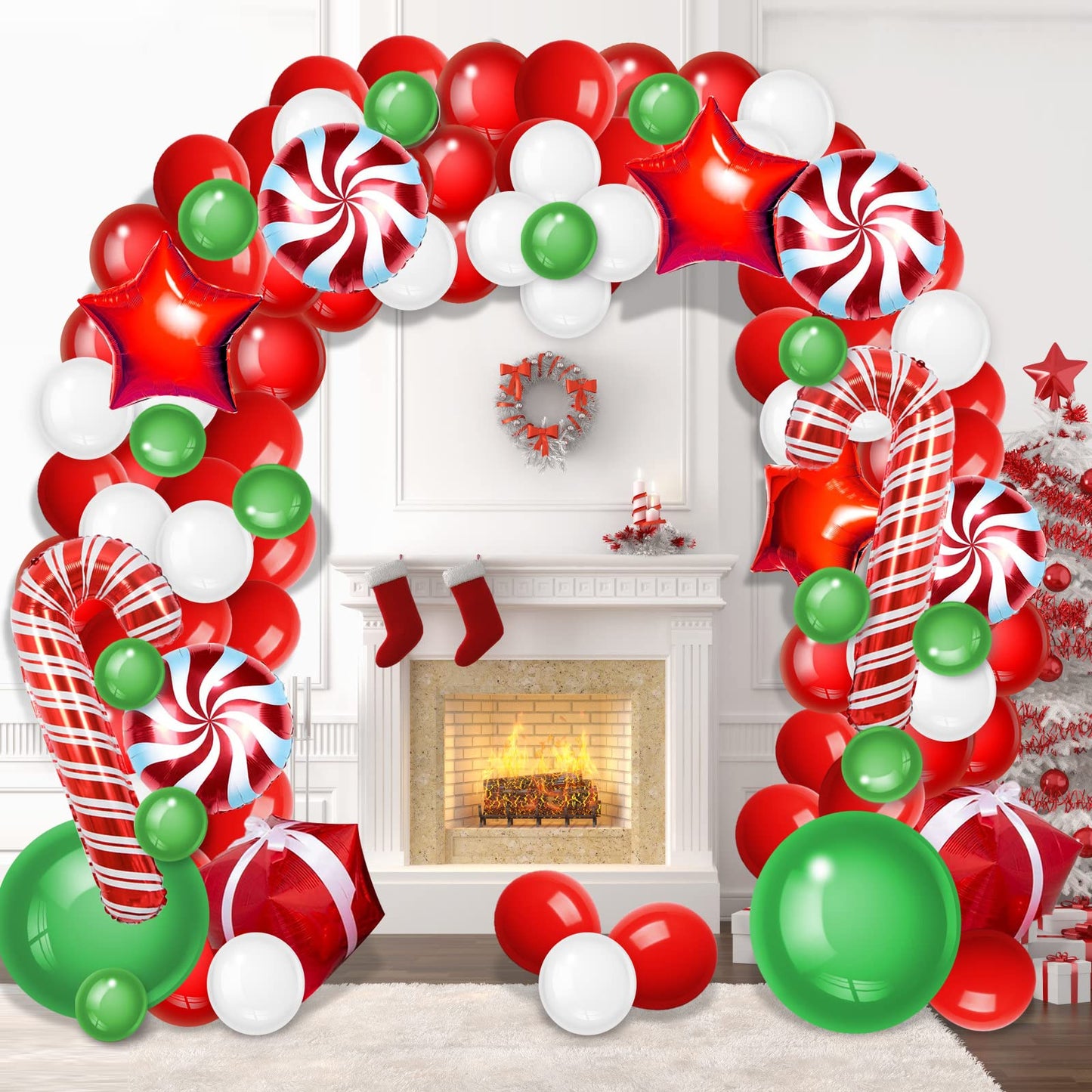 WECEPAR Christmas Balloon Garland Arch kit with Xmas Green Red White Candy Balloons Gift Box Balloons Red Star Balloons for Christmas Party Decorations