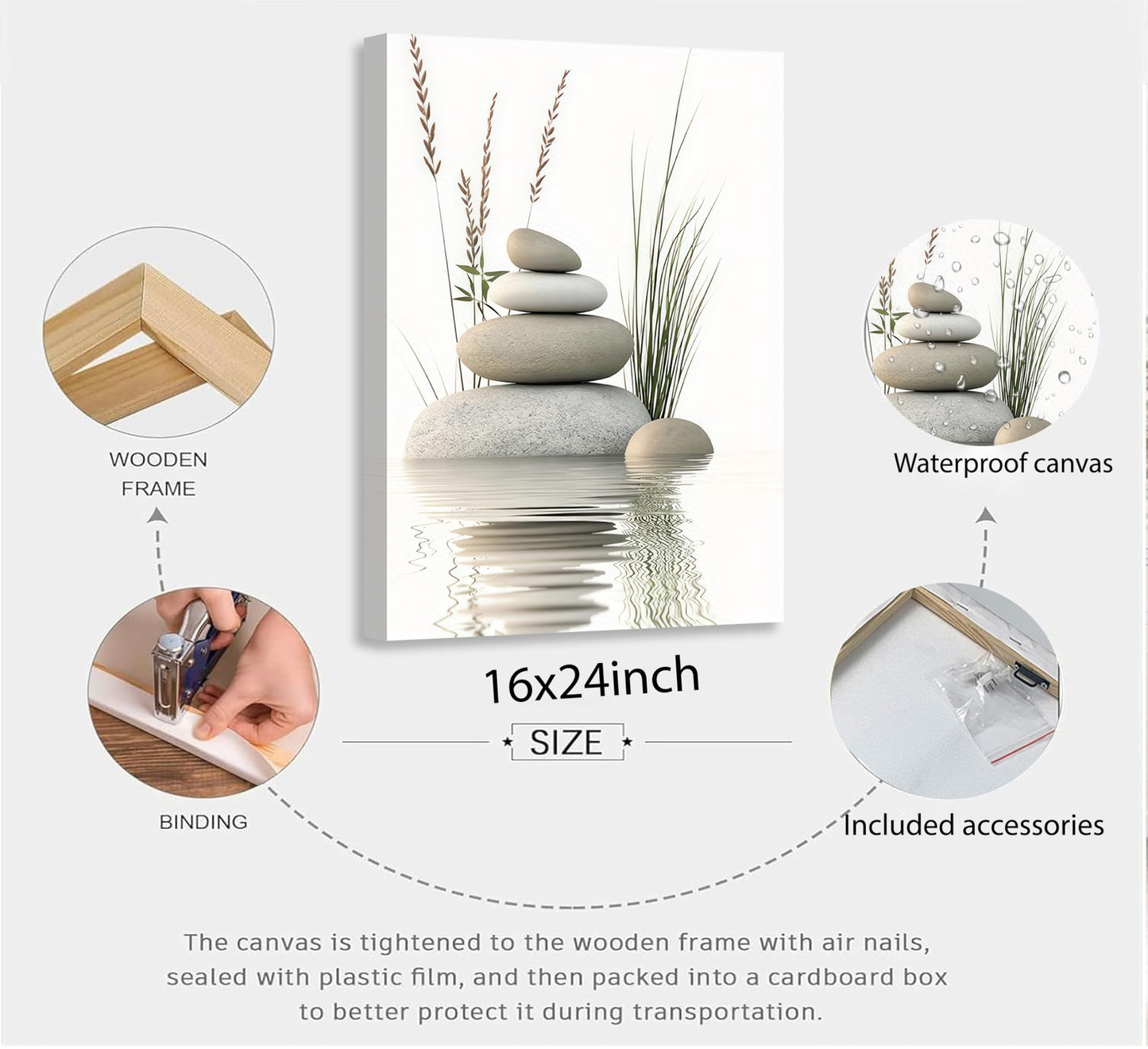 KBIERQN Zen Stone Canvas Wall Art Stacked Stones in Water Poster Print Tranquil Wild Grass Painting Picture for Spa Yoga Meditation Room Bathroom Wall Decor 16x24in Framed Ready to Hang
