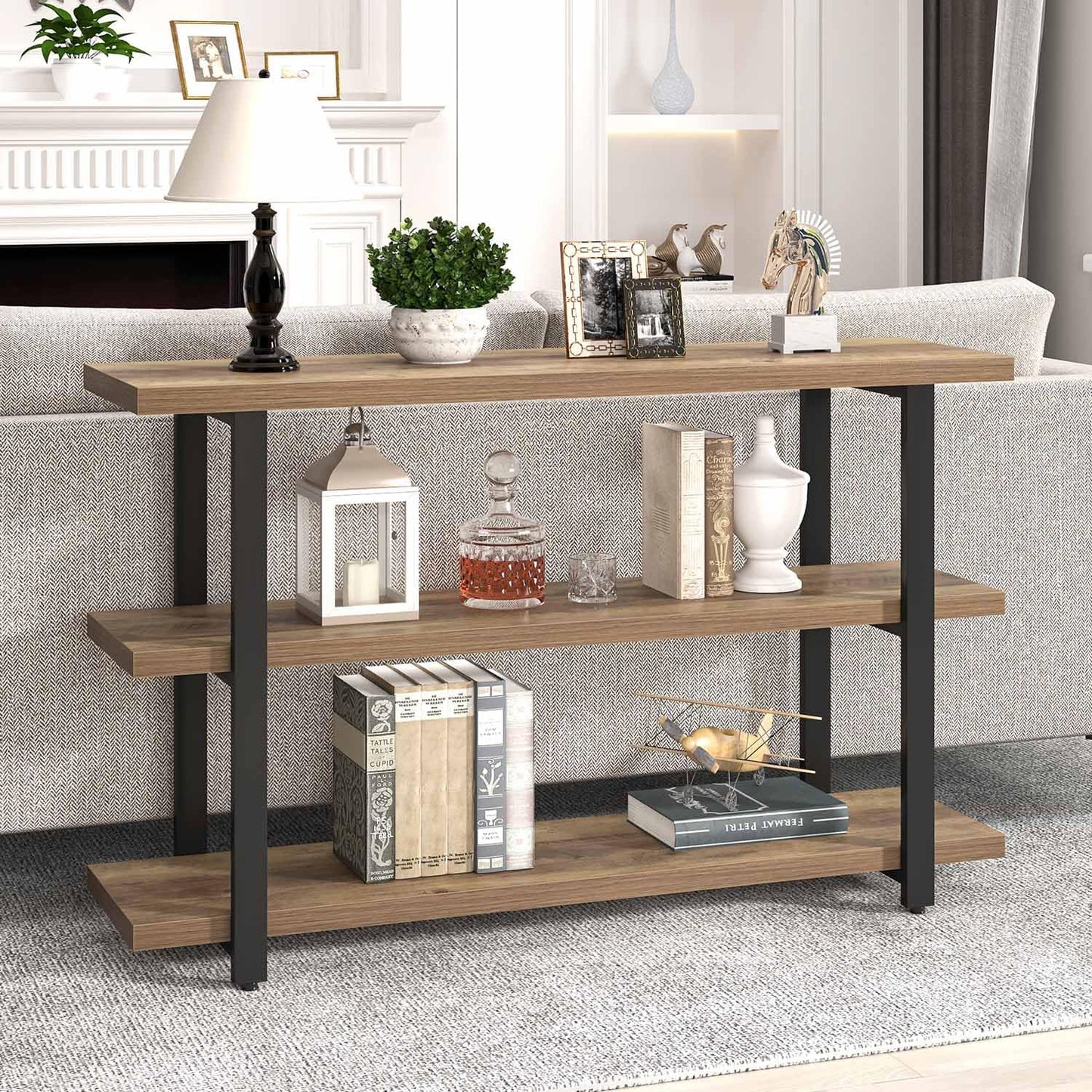 FOLUBAN Console Tables for Entryway, Modern Sofa Table with Storage Shelves for Living Room, Hallway, Entrance, or Behind Couch, Rustic Oak, 47 Inch