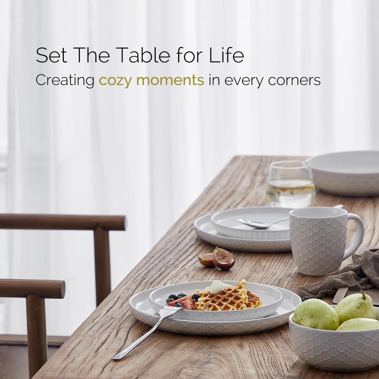 Stoneware Dinnerware Sets Service for 4, 12 pcs Reactive Glaze Plates and Bowls Sets, Embossed Boho Ceramic Dish Set, Highly Chip and Crack Resistant Farmhouse Plate Set, Ivory White