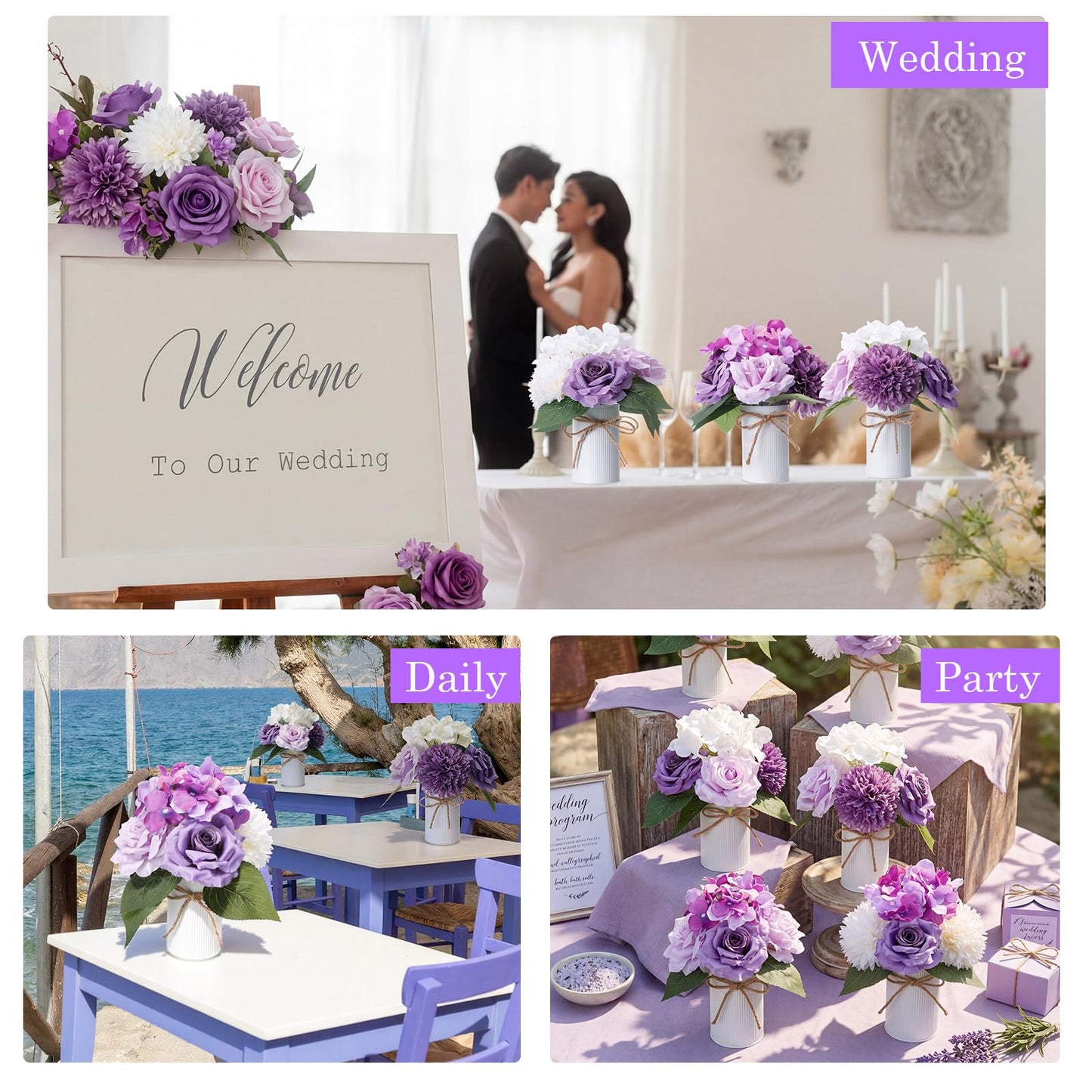 Zeyune 6 Sets Artificial Spring Centerpiece for Tables Fake Purple Plants with Galvanized Pots Farmhouse Purple Flowers Bouquet for Wedding Home Office Rustic Decor
