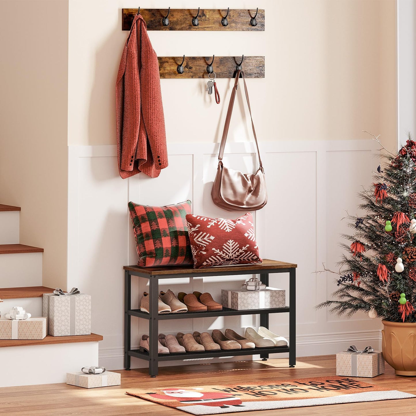 HOOBRO Hall Tree with Bench, Coat Rack Shoe Bench Set, Entryway Shoe Rack with Coat Hooks, Hall Tree Coat Rack, Mud Room, Industrial, for Foyer, Front Door, Rustic Brown BF07MT01