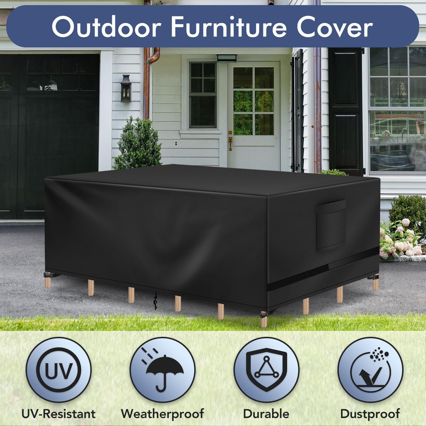 Richwon Patio Furniture Cover, Waterproof Rectangle Outdoor Table Cover, Heavy Duty Sectional Set Protection 108"L x 82"W x 28"H, Black