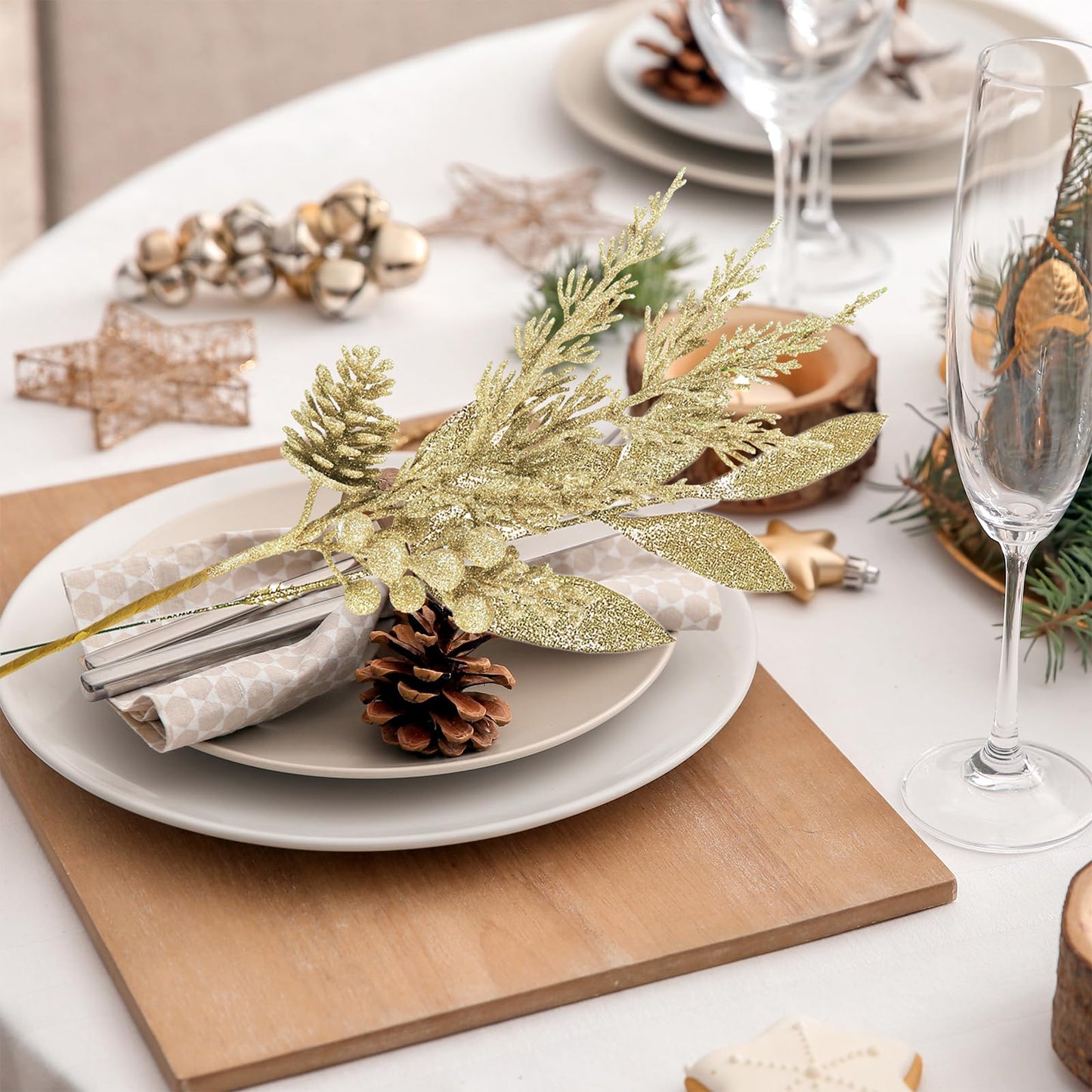 Winlyn 24 Pcs Christmas Glitter Artificial Leaf Picks Pine Needles Pinecone Berries Stems Champagne Glittered Christmas Tree Sprays for Holiday Floral Arrangements Centerpiece DIY Wreaths Garlands