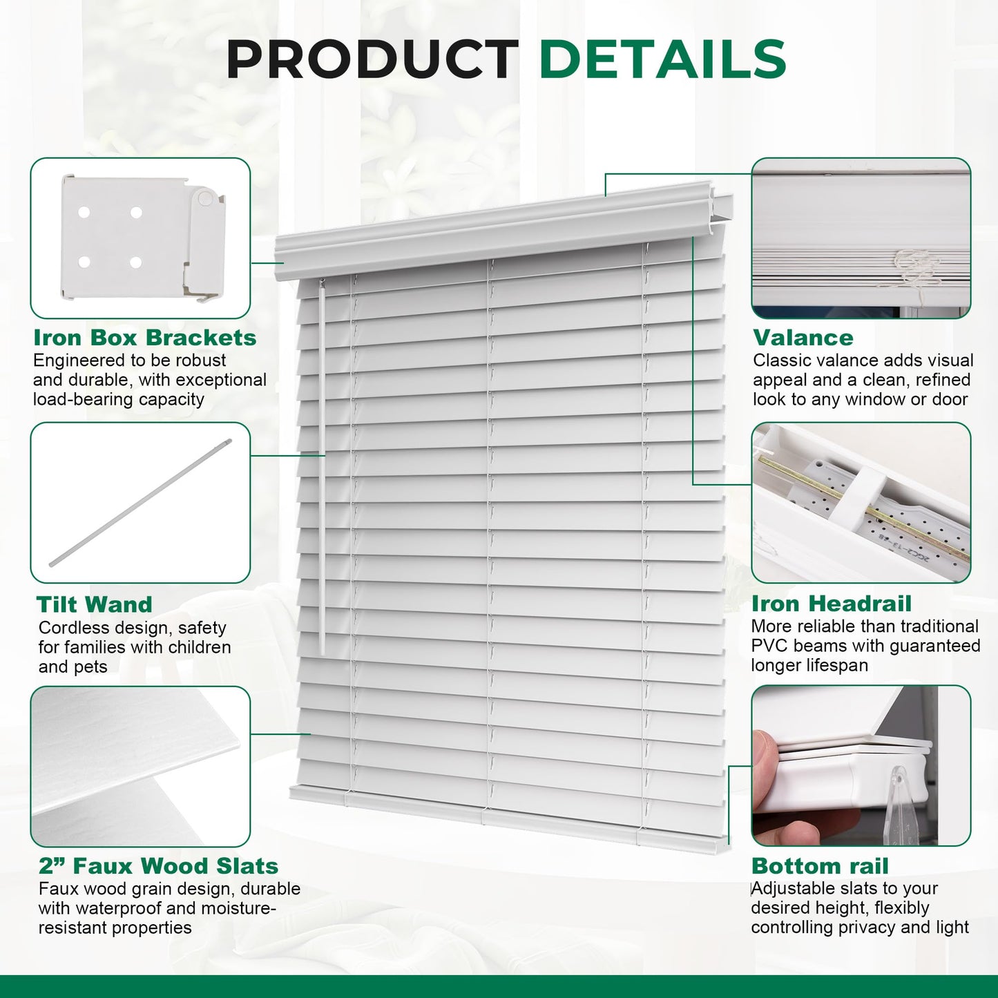 Allesin zen Cordless Faux Wood Blinds with Classic Valance, 2" Blinds for Indoor Windows-22 W x 48" H-White, Smooth Lift Operation, Horizontal Window Blinds for Home and Office
