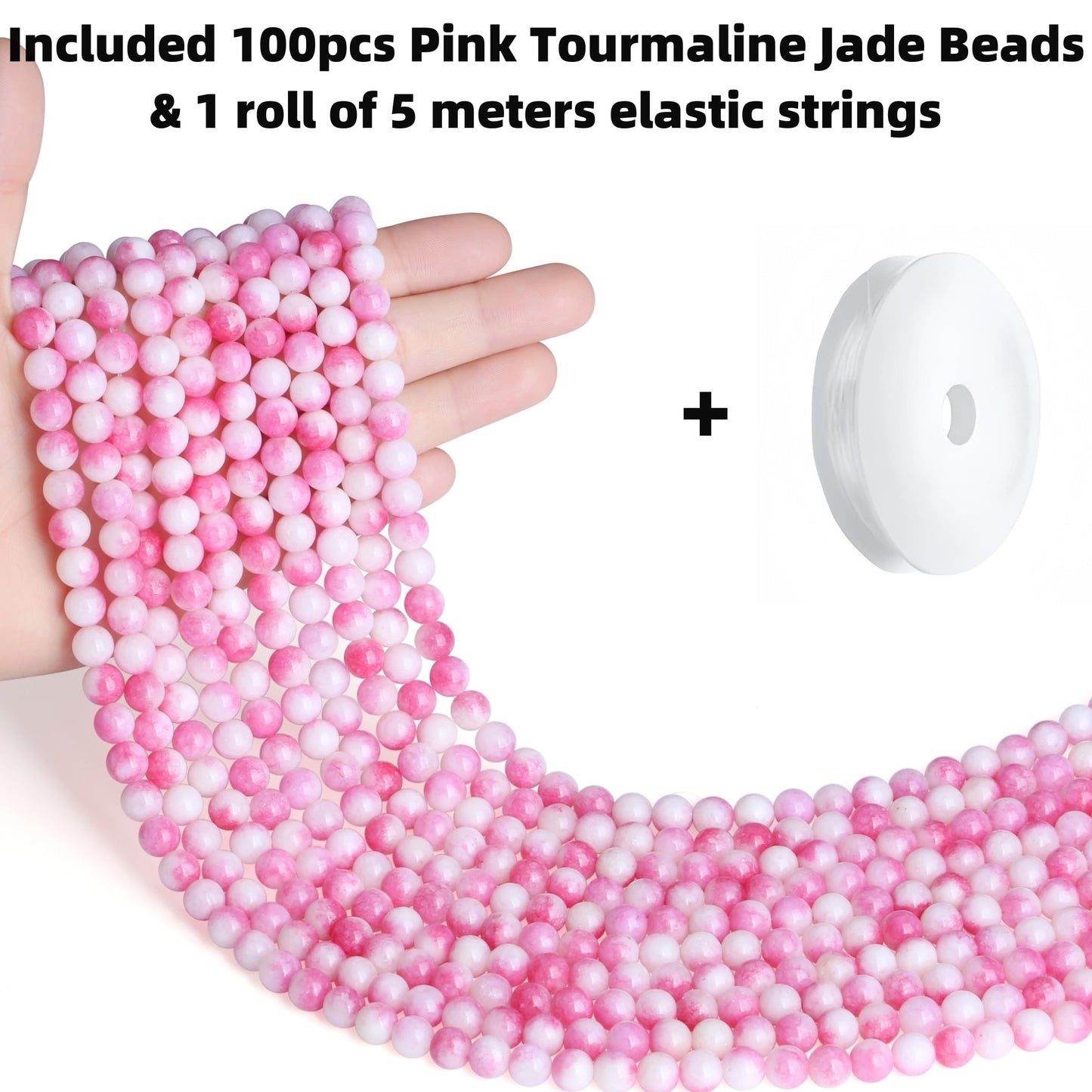 QINJIEJIE 100pcs Pink Tourmaline Jade Natural Stone Beads 8mm Round Loose Gemstone for Bracelet Necklace Earrings Jewelry Making - Polished Pink Crystal DIY