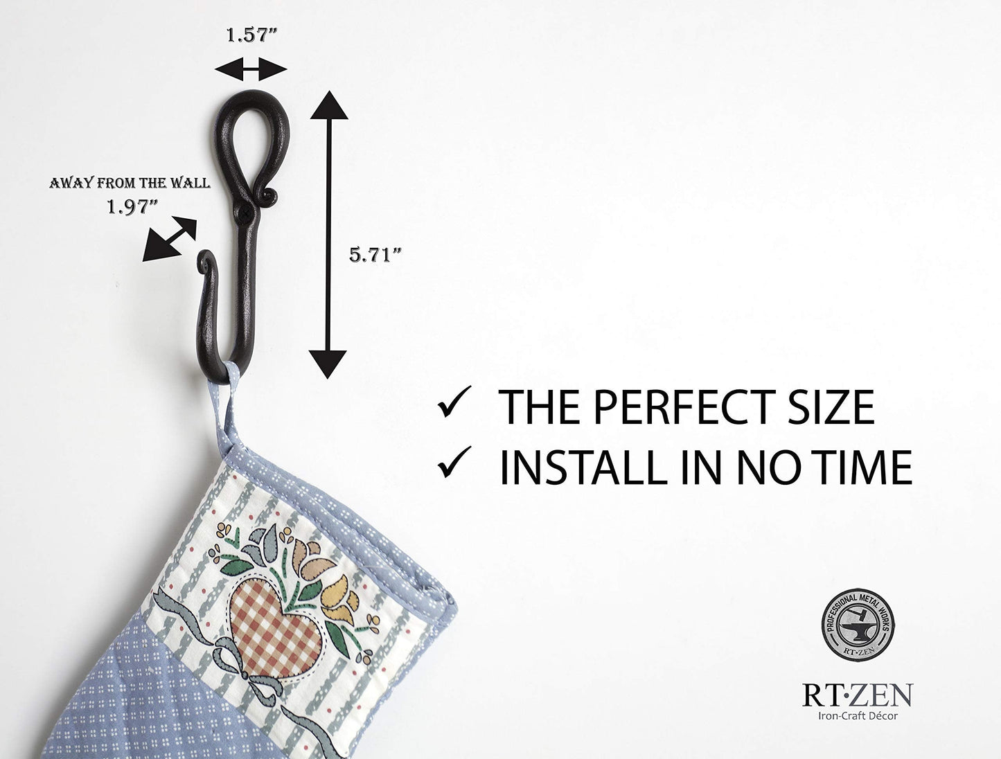 RTZEN Wall Mount Hook Set - Wrought Iron Decorative Rustic Metal Coat Hooks for Hanging - Handcrafted Classic Farmhouse Wall Mounted Black Hooks for Towel Robe or Hat Hanging - 3 Pack