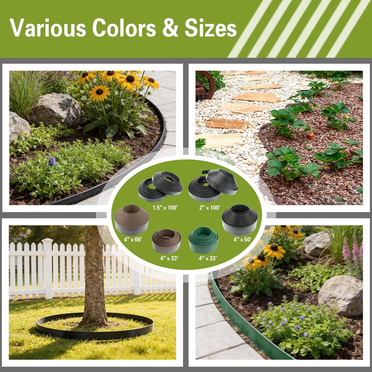 1.5in x 100ft No Dig Landscape Edging, Garden Edging Border with 150 Spikes, Hammer & Gloves, Tool-Free HDPE Lawn Edging Kit for Garden Yard Flower Beds Pathway Landscaping Project
