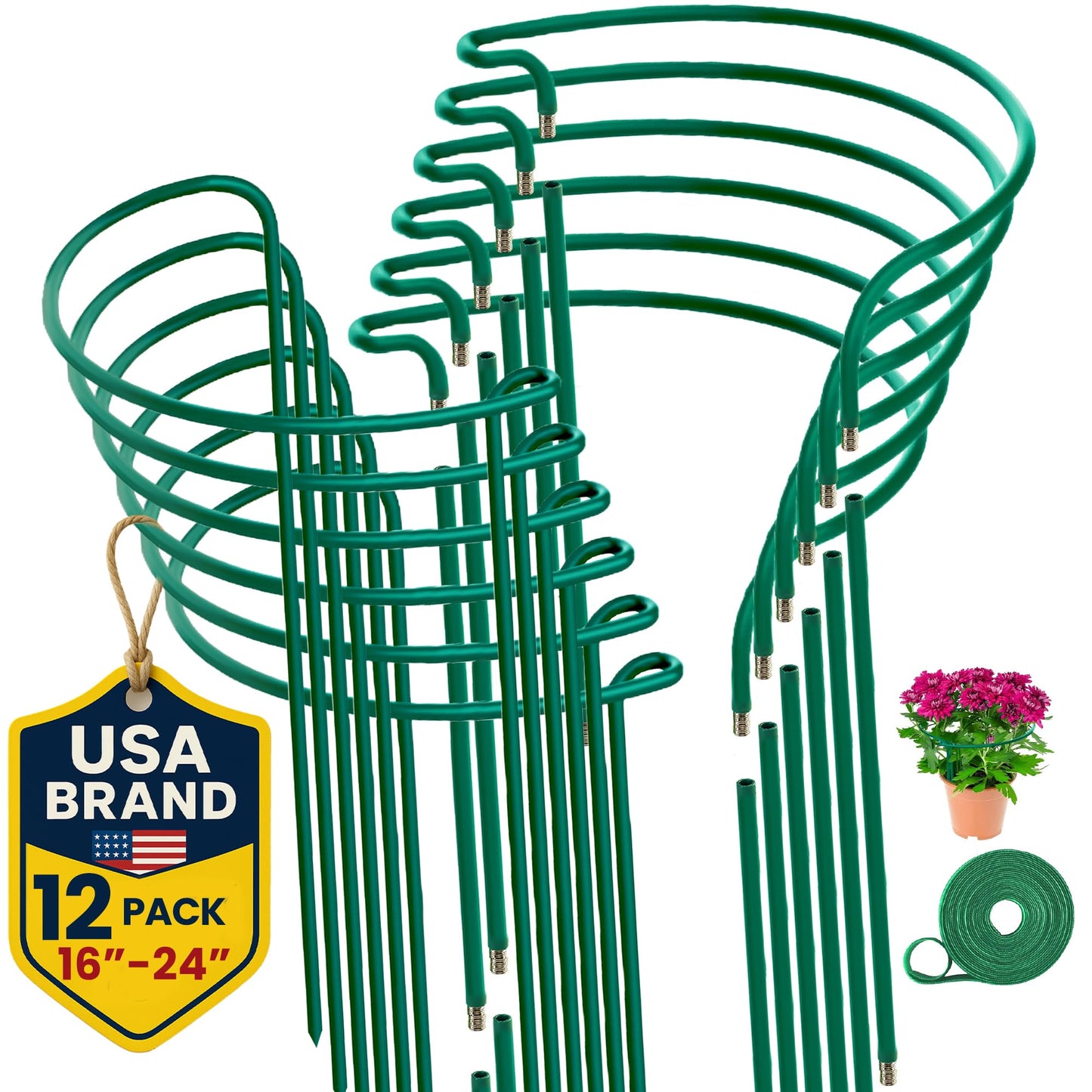 12 Pack Plant Support Stakes – Tall Plant Stakes for Indoor and Outdoor Gardens - Peony Cages and Supports - Cage Rings for Potted Flowers, Peony, Hydrangea, and Rose Bush (10" W x 16" - 24" H)
