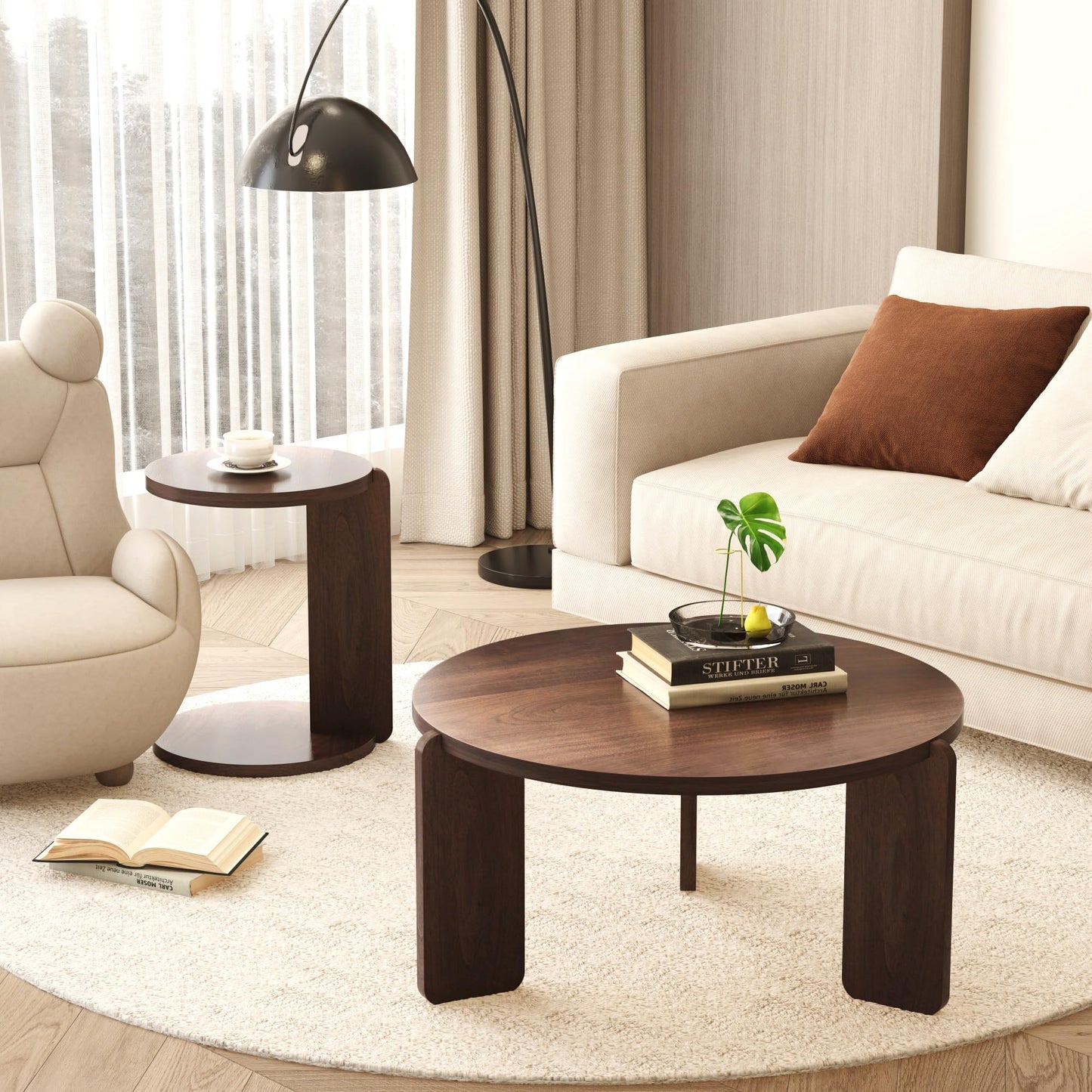 Set of 2 Round Nesting Tables - Multi-Purpose Home Furniture Ideal for Small Spaces, Functional as Living Room Coffee Table, Bedroom Night Stand, Dining Room Side Table, Sofa End Table (Walnut B)