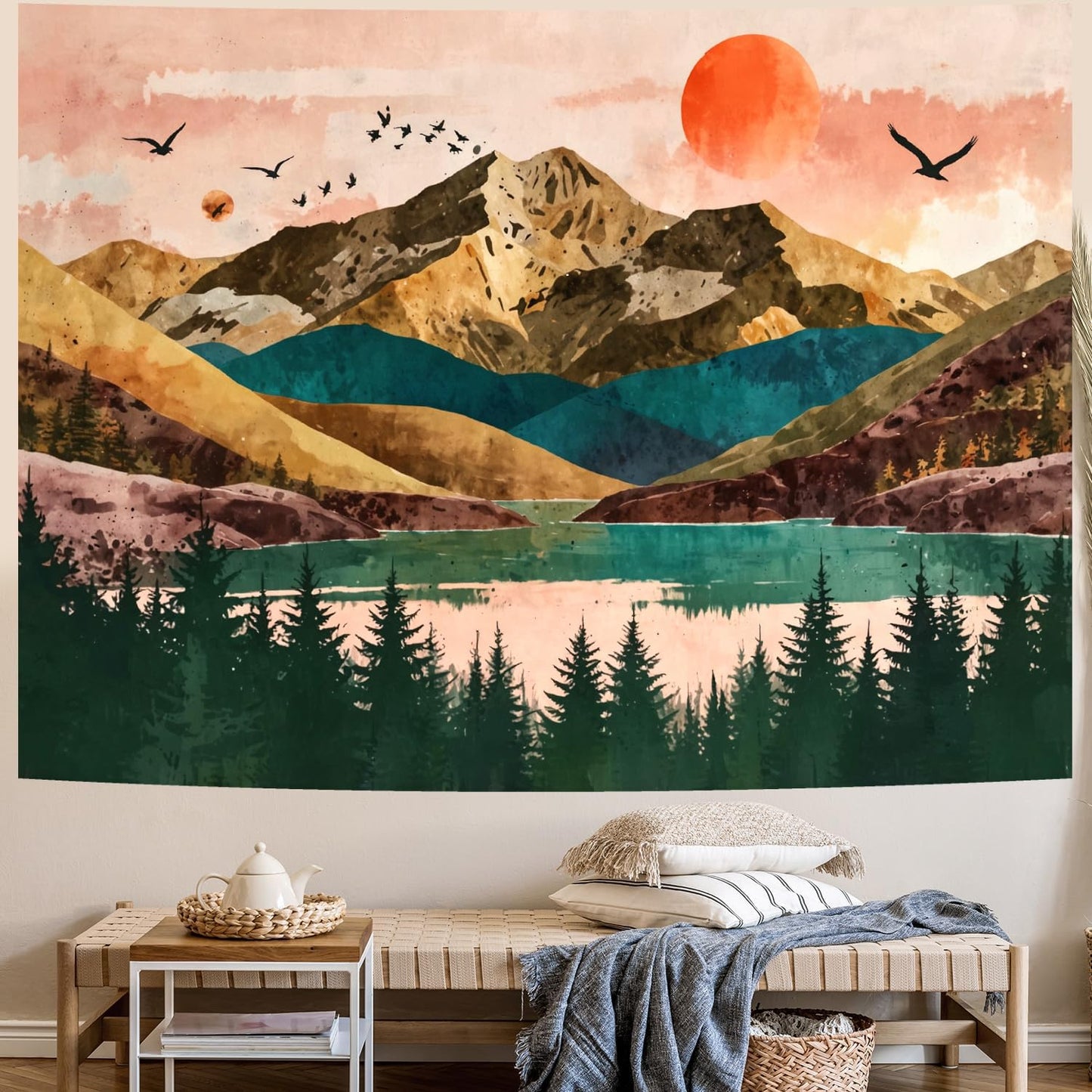 Delur Mountain Tapestry Boho Sunset Nature Forest Tree Tapestry Wall Hanging Sunrise River Lake Landscape Psychedelic Headboard for Bedroom Living Room Home Decor (51.2" x 59.1")