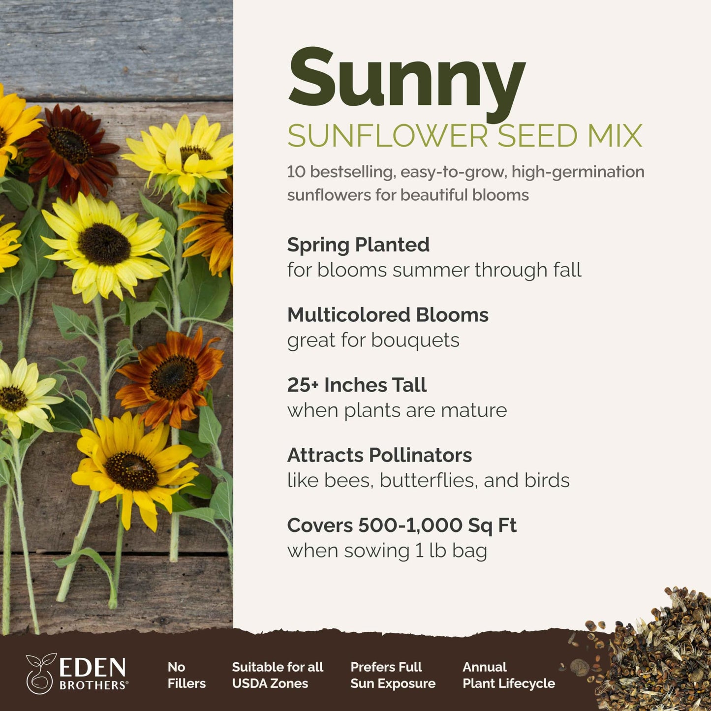 Eden Brothers Sunny Flower Mixed Seeds for Planting, 1 lb, 480,000+ Seeds with Ox-Eye, Maximilian, Dwarf Sunspot Sunflower | Attracts Pollinators, Plant in Spring, Zones 3, 4, 5, 6, 7, 8, 9, 10